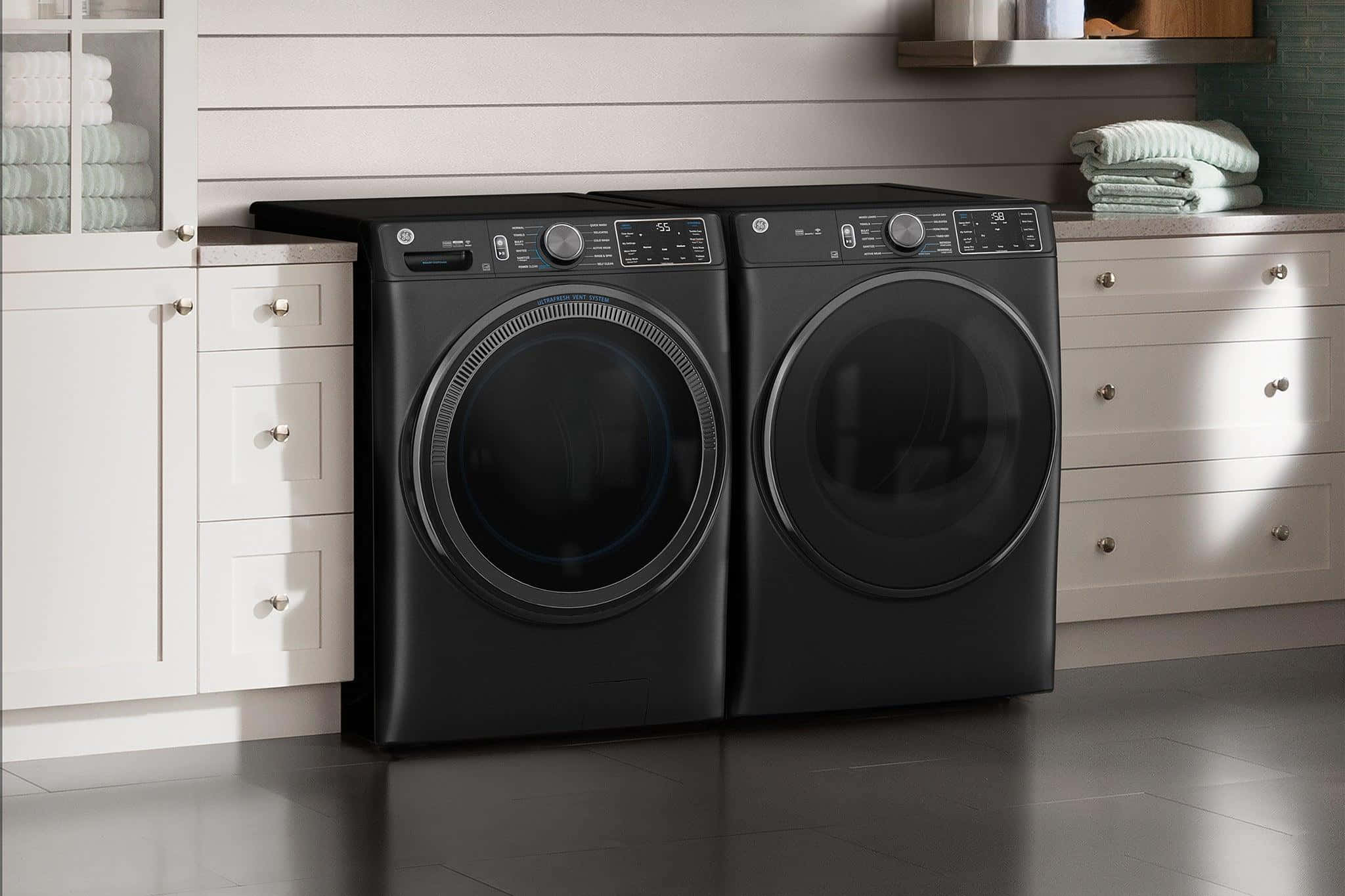 modern black washing machine, dryer set, front load laundry machines, Full HD Desktop Wallpaper