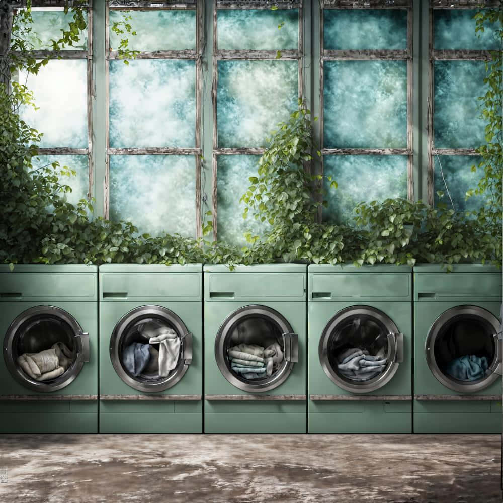 mint green washing machines, weathered windows, lush green vines, SD Desktop Wallpaper