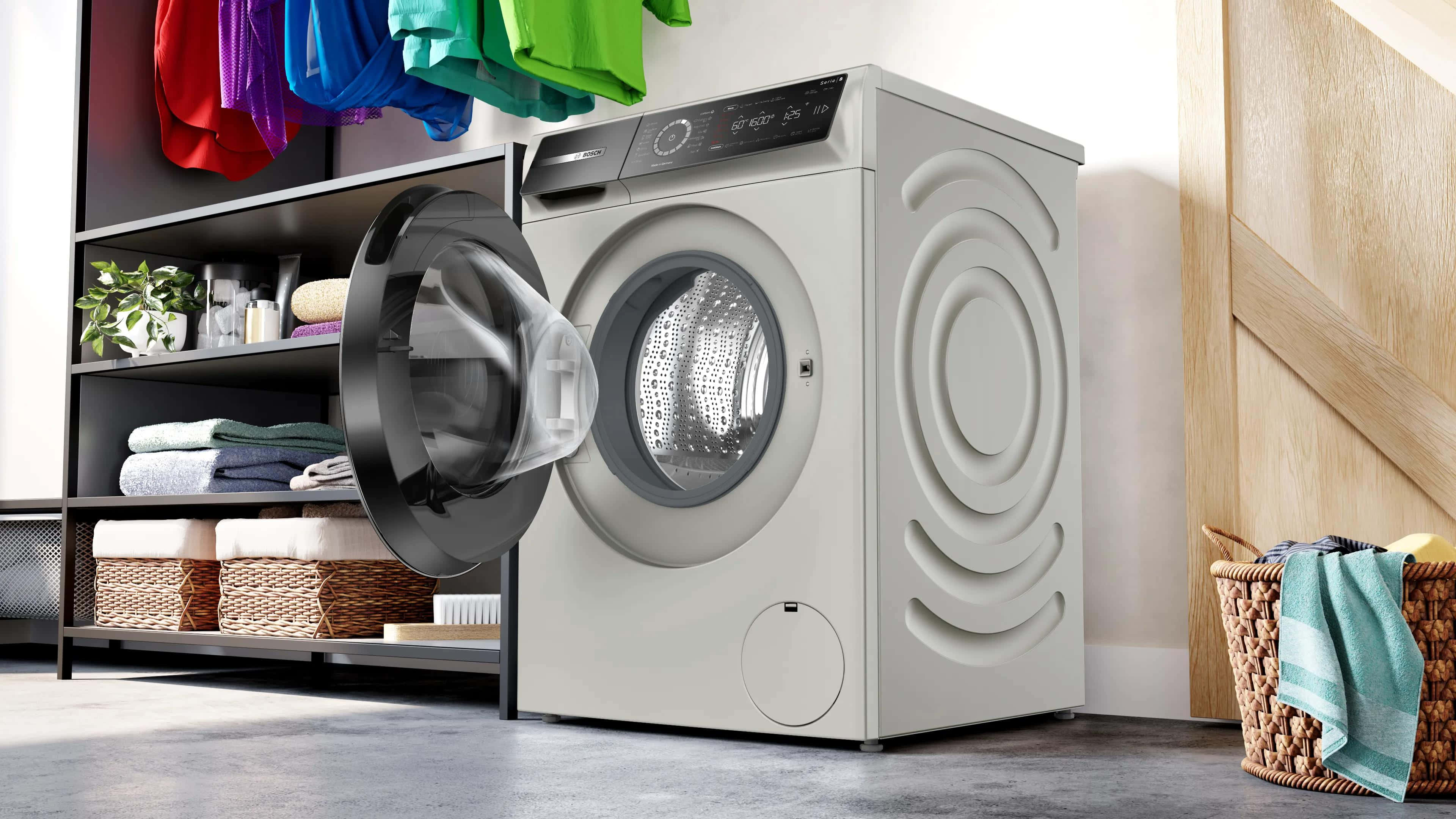 modern washing machine, front-loading washing machine, gray washing machine, 4K Desktop Wallpaper