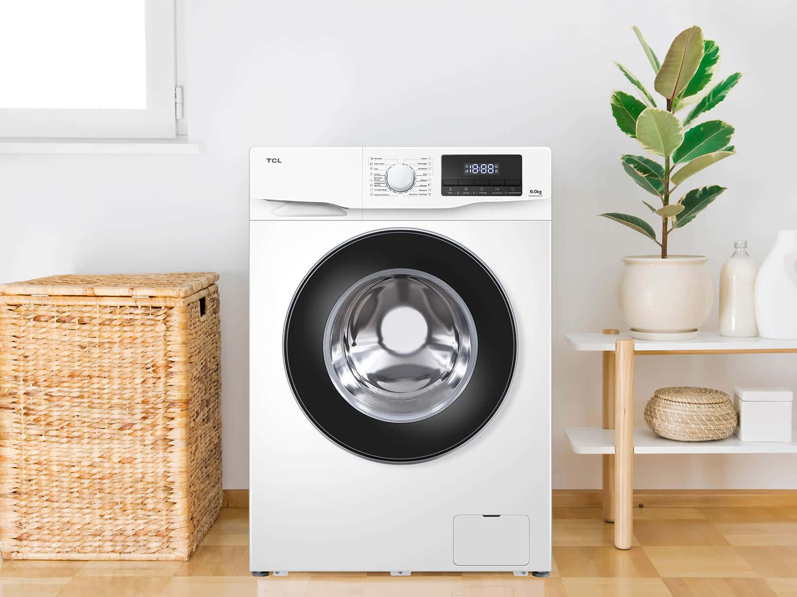 modern washing machine, white front-loading washing machine, bright minimalist laundry room, HD Desktop Wallpaper