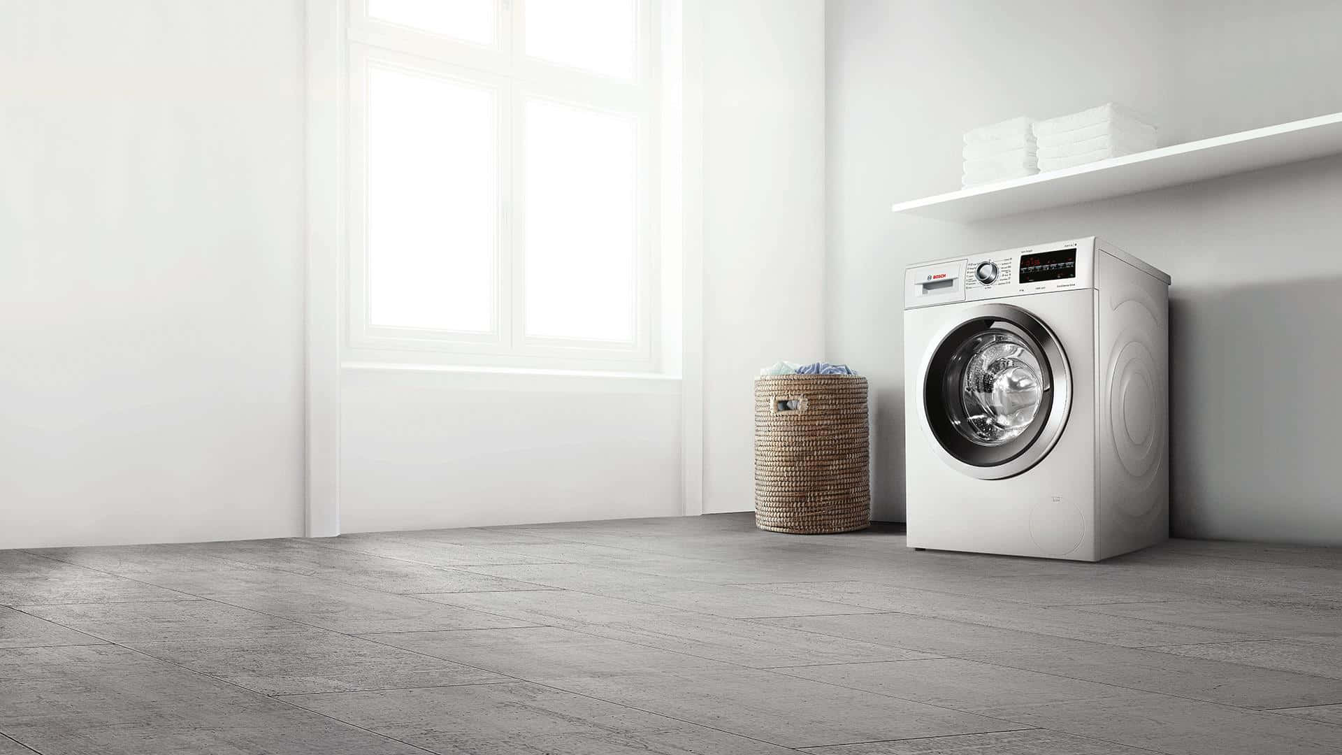 white front load washer, wicker basket, bright window, Full HD Desktop Wallpaper