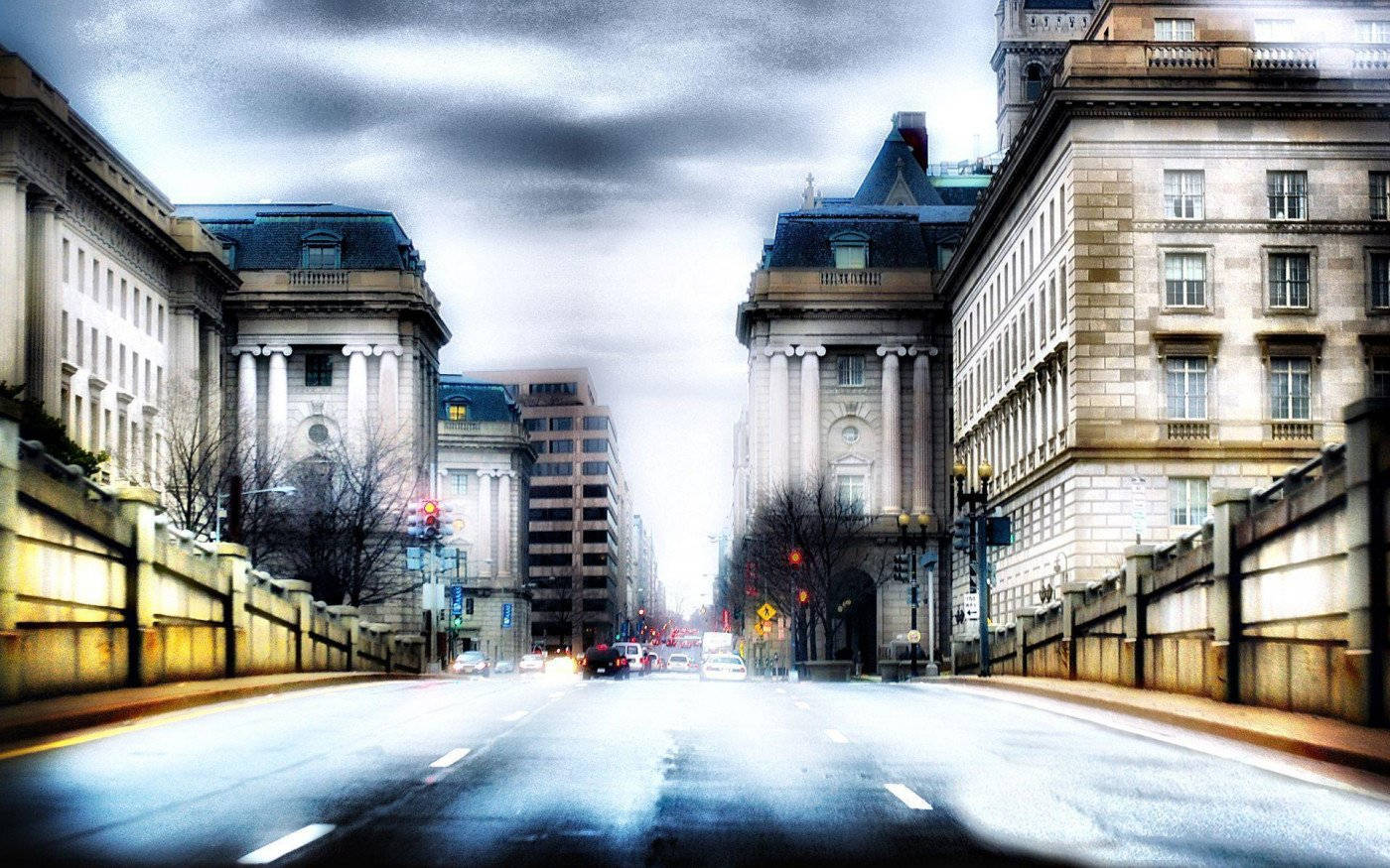 Washington Dc, wet city street, grand stone buildings, HD Desktop Wallpaper