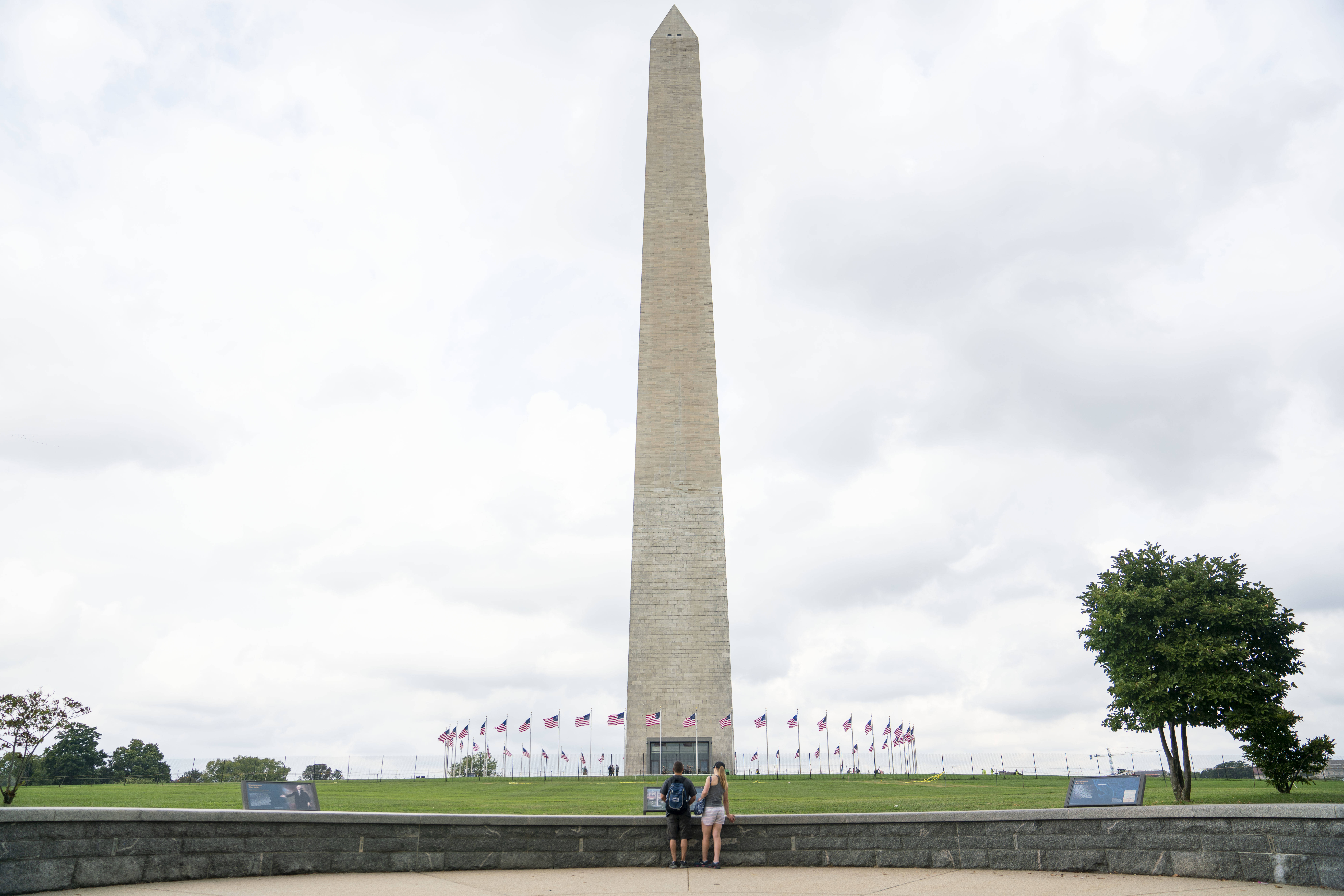 Washington Monument, overcast sky, American flags, 8K Desktop Wallpaper