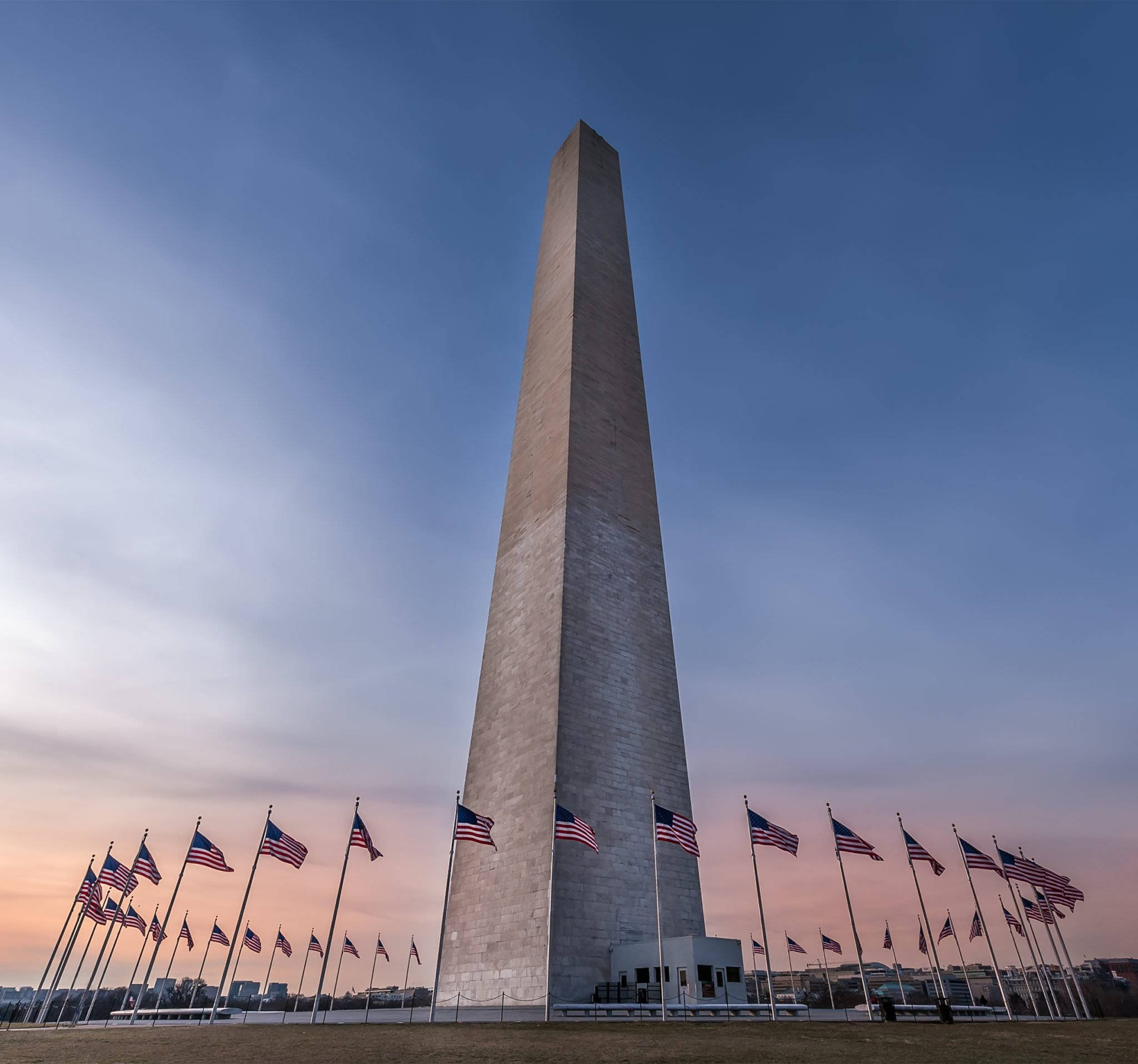 Washington Monument, twilight sky, American flags, Full HD Desktop Wallpaper