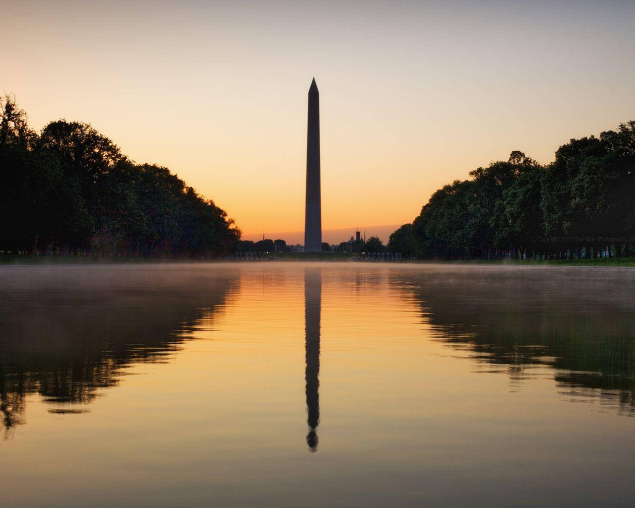 Washington Monument, dawn, misty pool, HD Desktop Wallpaper