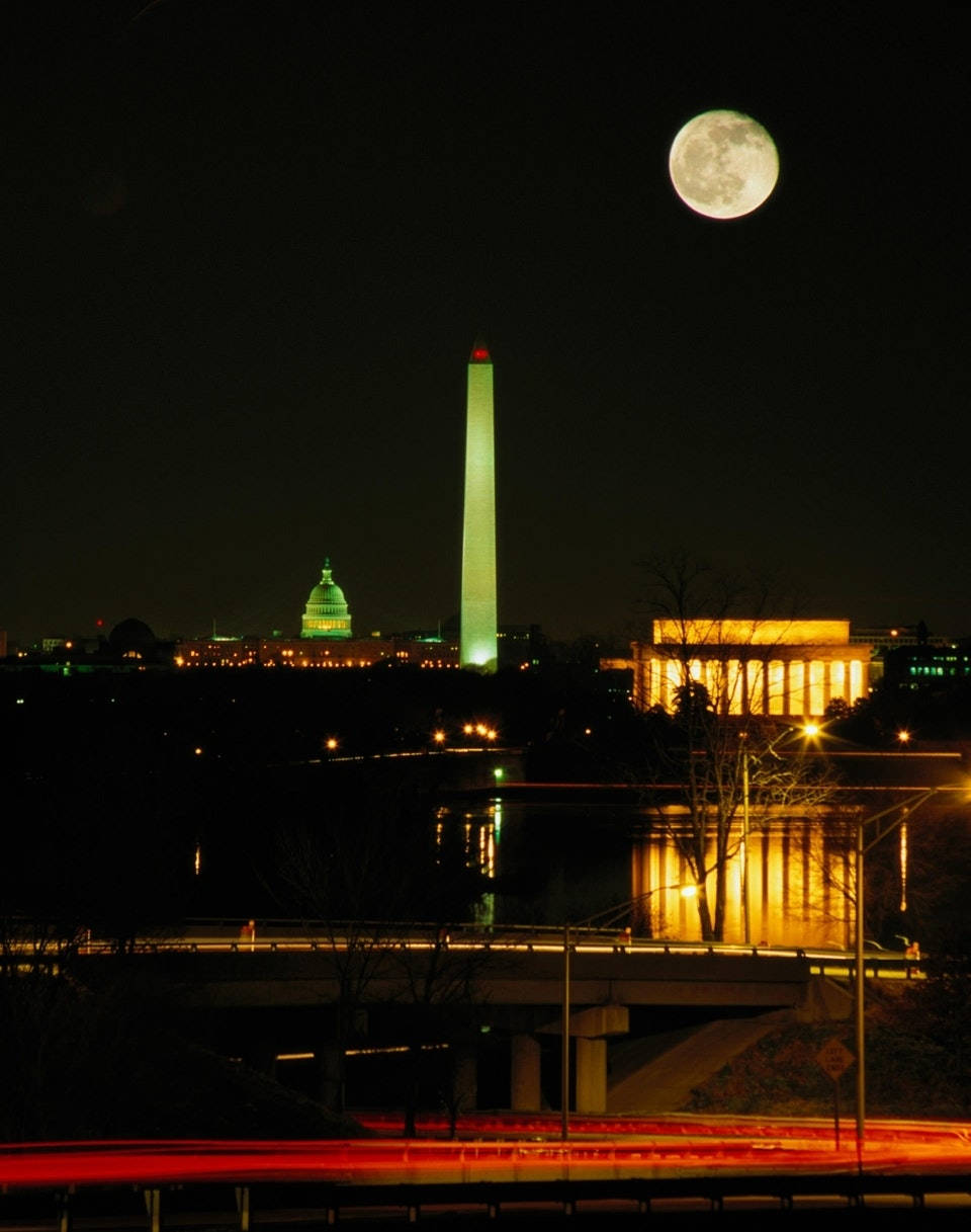 Washington Monument, full moon, Washington D.C., SD Phone Wallpaper