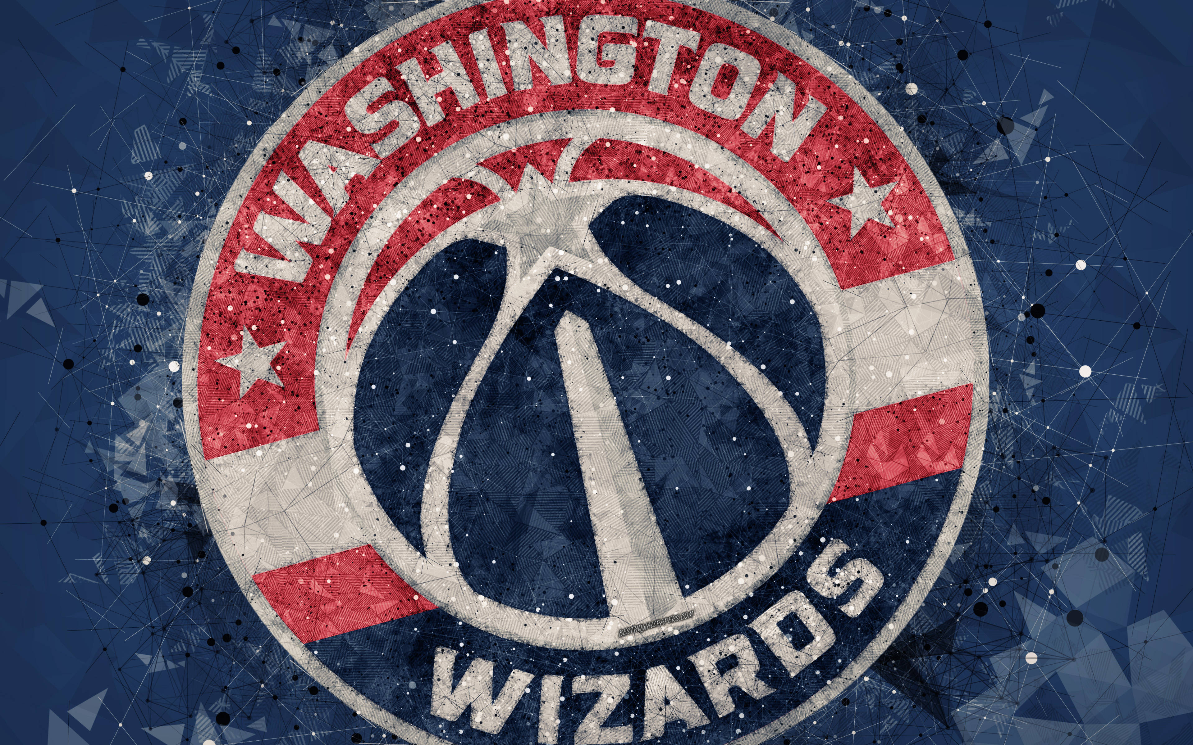 Washington Wizards, red white and blue stars, dark blue geometric background, 4K Desktop Wallpaper