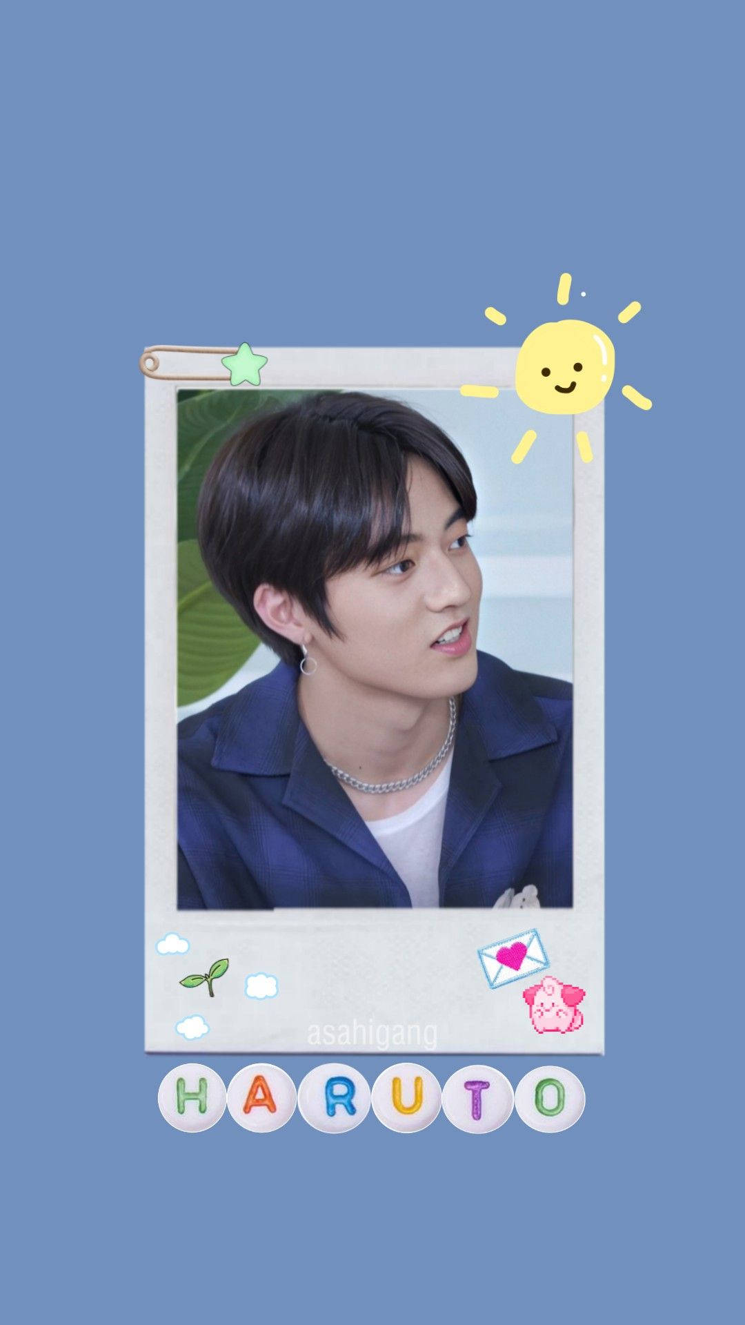 Watanabe Haruto, blue background, polaroid-style photo, Full HD Phone Wallpaper