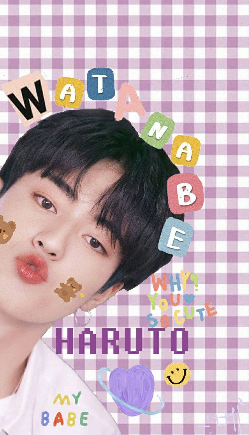 Watanabe Haruto, purple checkered background, colorful letter tiles, HD Phone Wallpaper