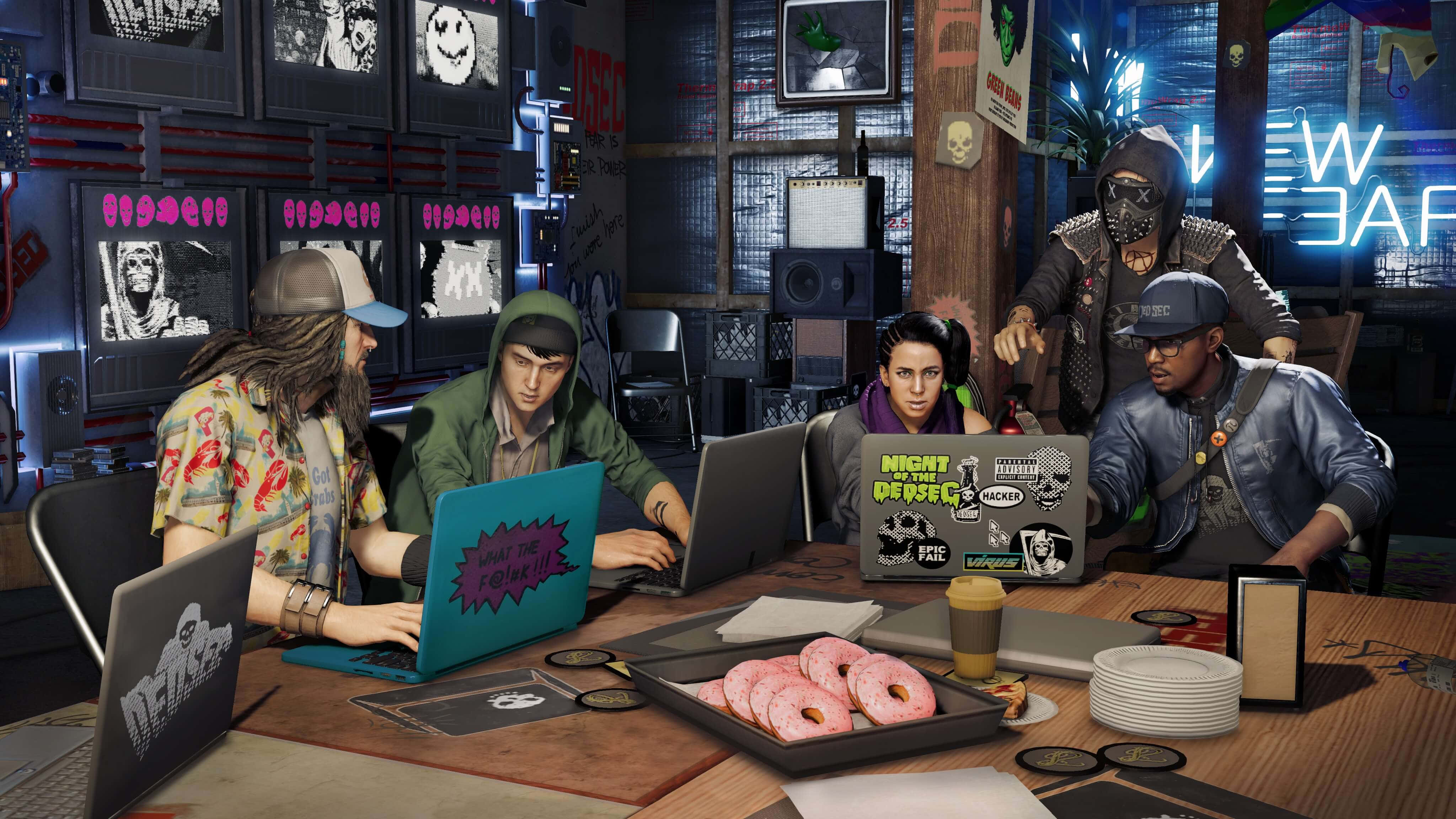 Watch Dogs 2, neon-lit cyberpunk lair, laptops, 4K Desktop Wallpaper
