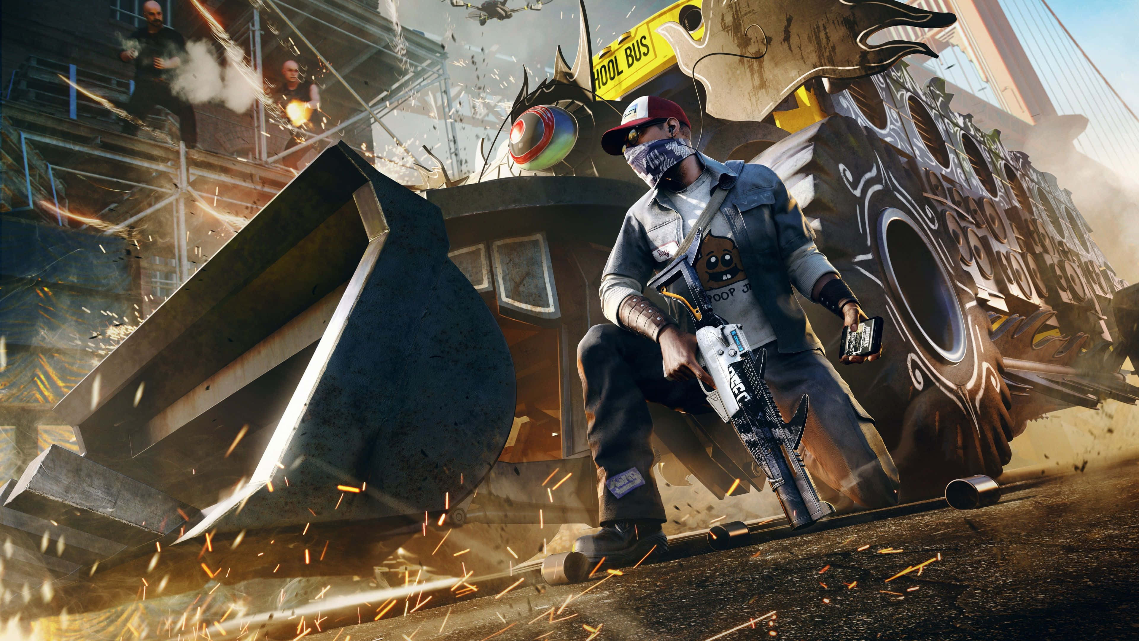 Watch Dogs 2, masked character, graffiti-covered bus, 4K Desktop Wallpaper