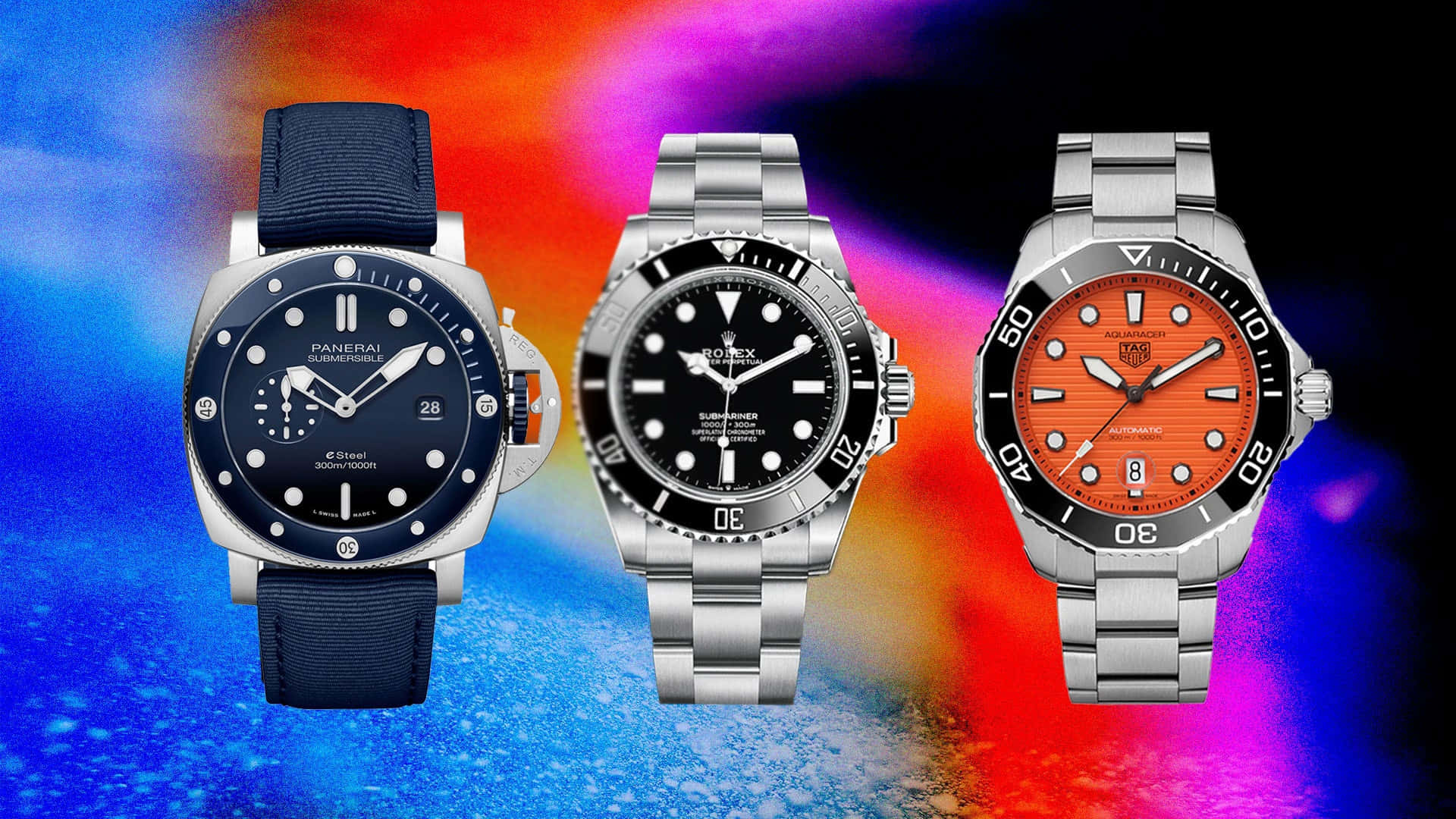 automatic dive watches, blue orange and black dials, vibrant abstract gradient background, Full HD Desktop Wallpaper