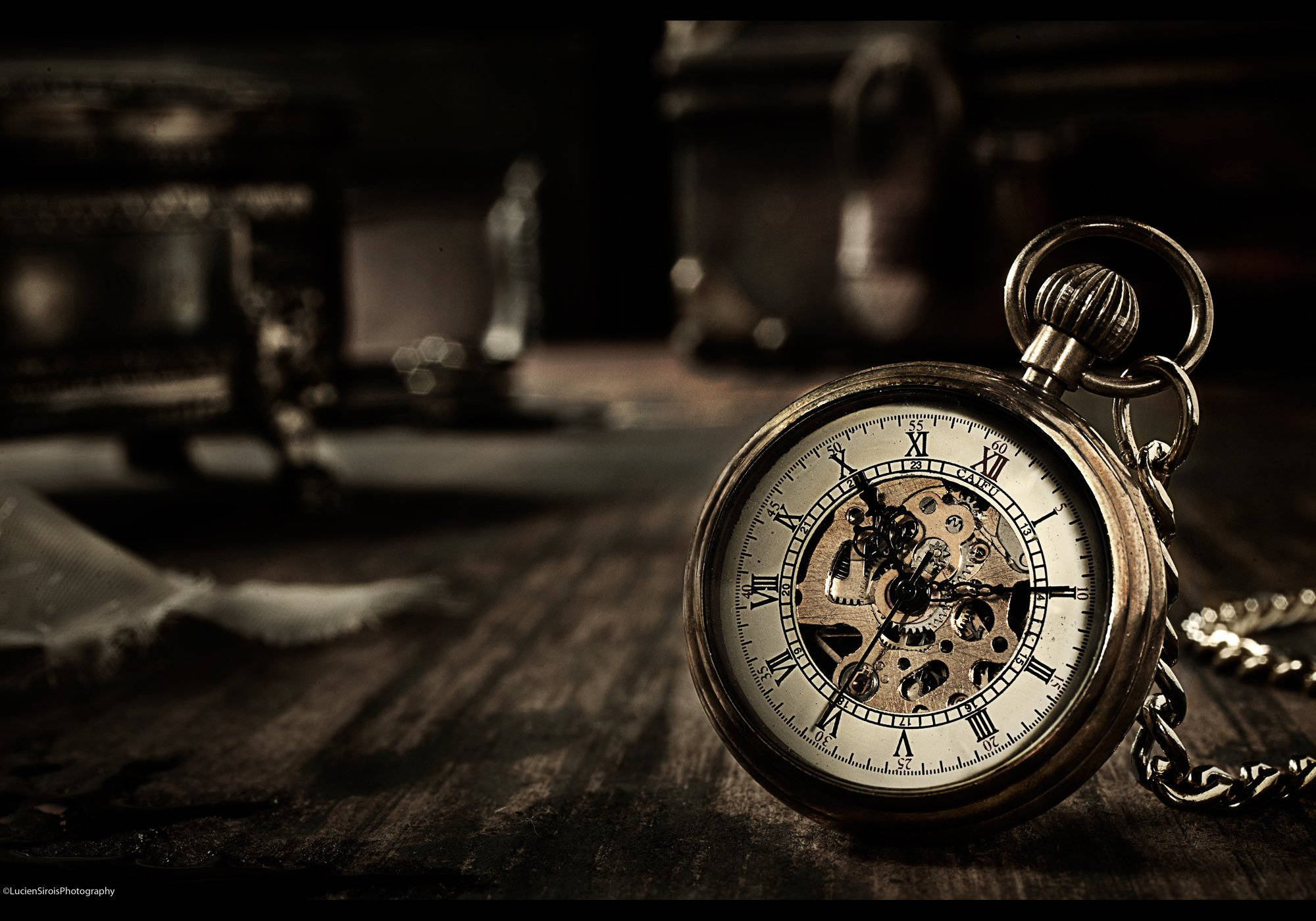 antique pocket watch, exposed gears, dark wooden surface, Full HD Desktop Wallpaper