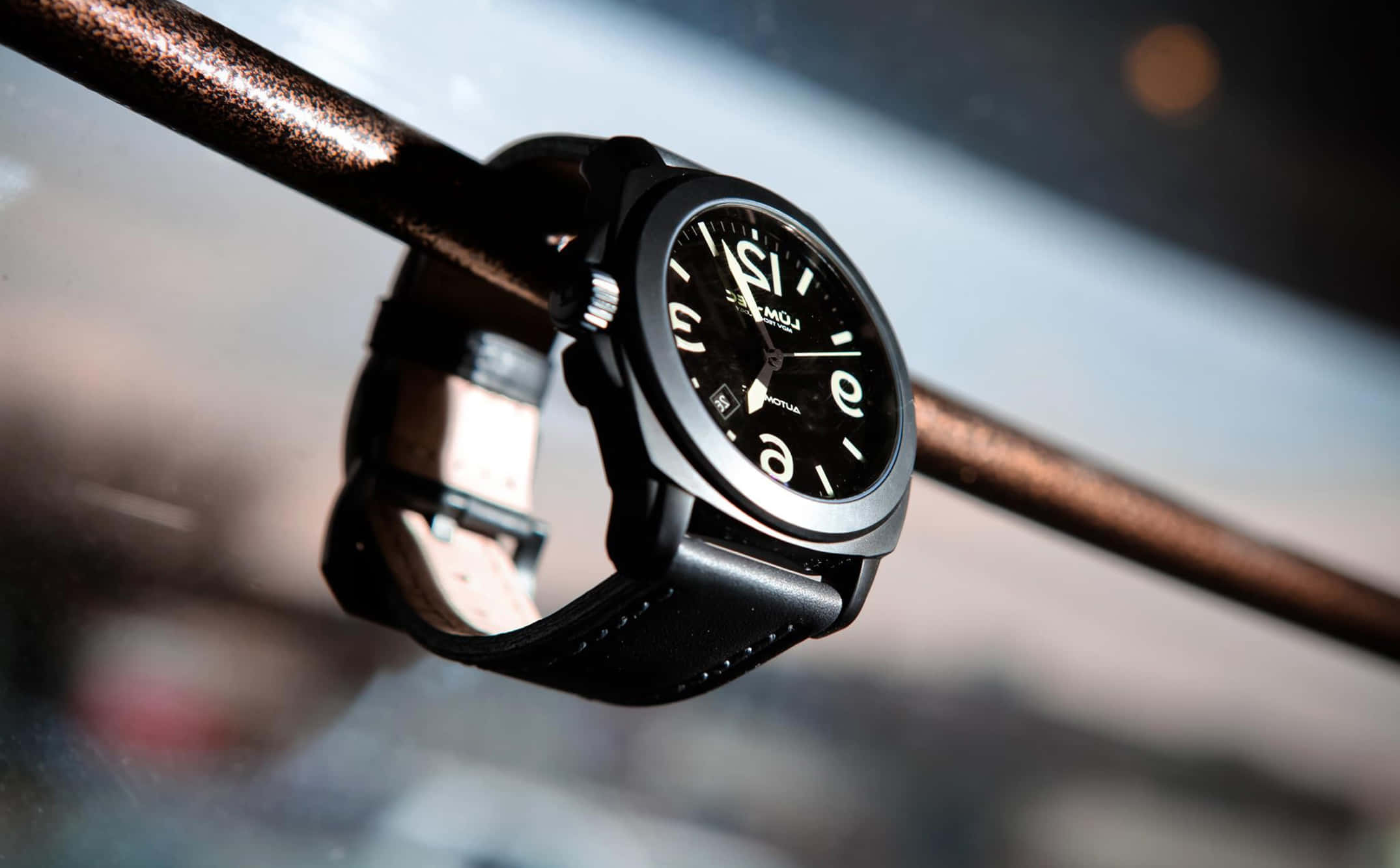 sleek black watch, leather strap, metallic bar, Full HD Desktop Wallpaper