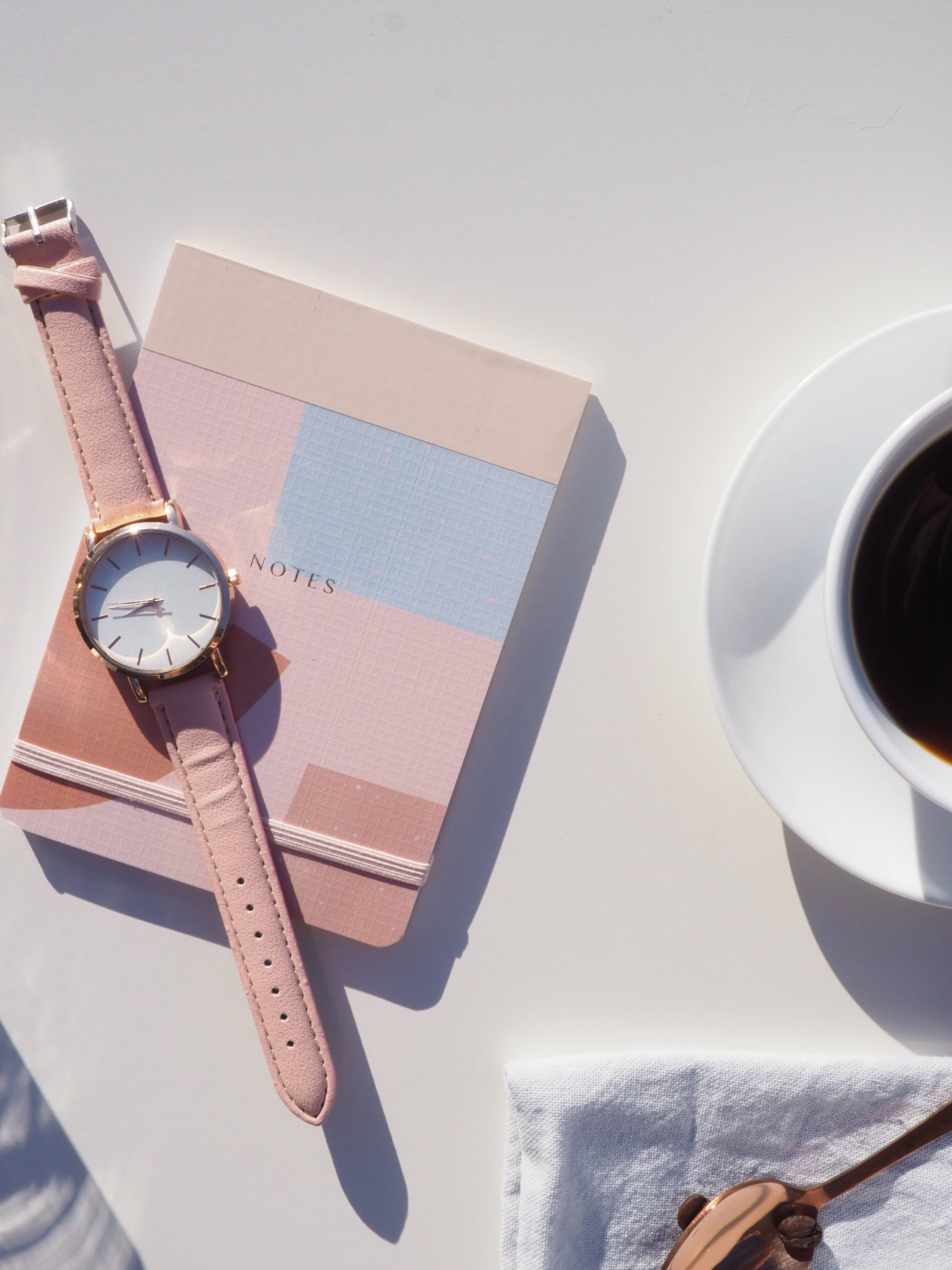 rose gold watch, pastel pink and blue grid notebook, cup of coffee, 4K Phone Wallpaper