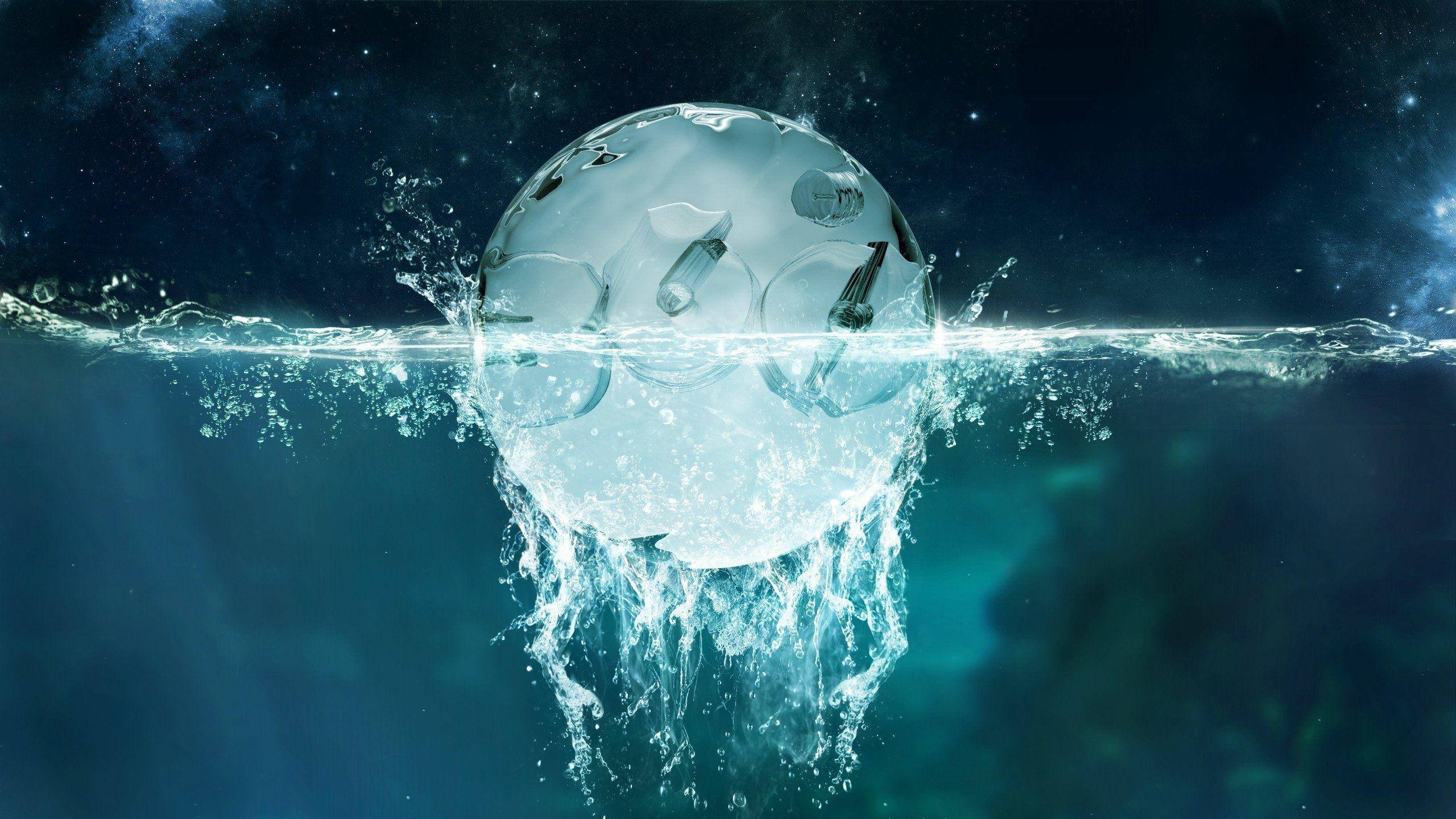 glass sphere, floating tech gadgets, water, 2K Desktop Wallpaper