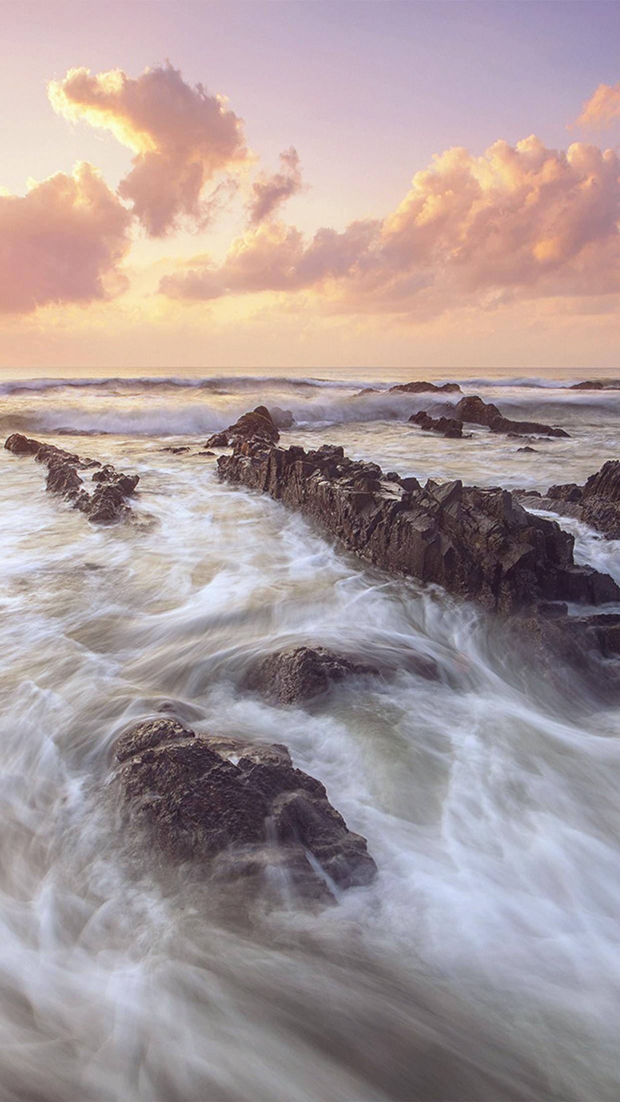 Sunset, waves, jagged rocks, Full HD Phone Wallpaper