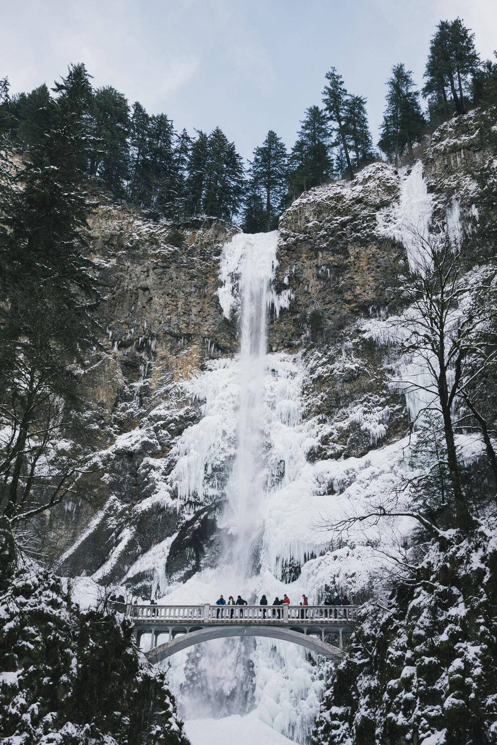frozen waterfall, snowy cliff, bridge, HD Phone Wallpaper
