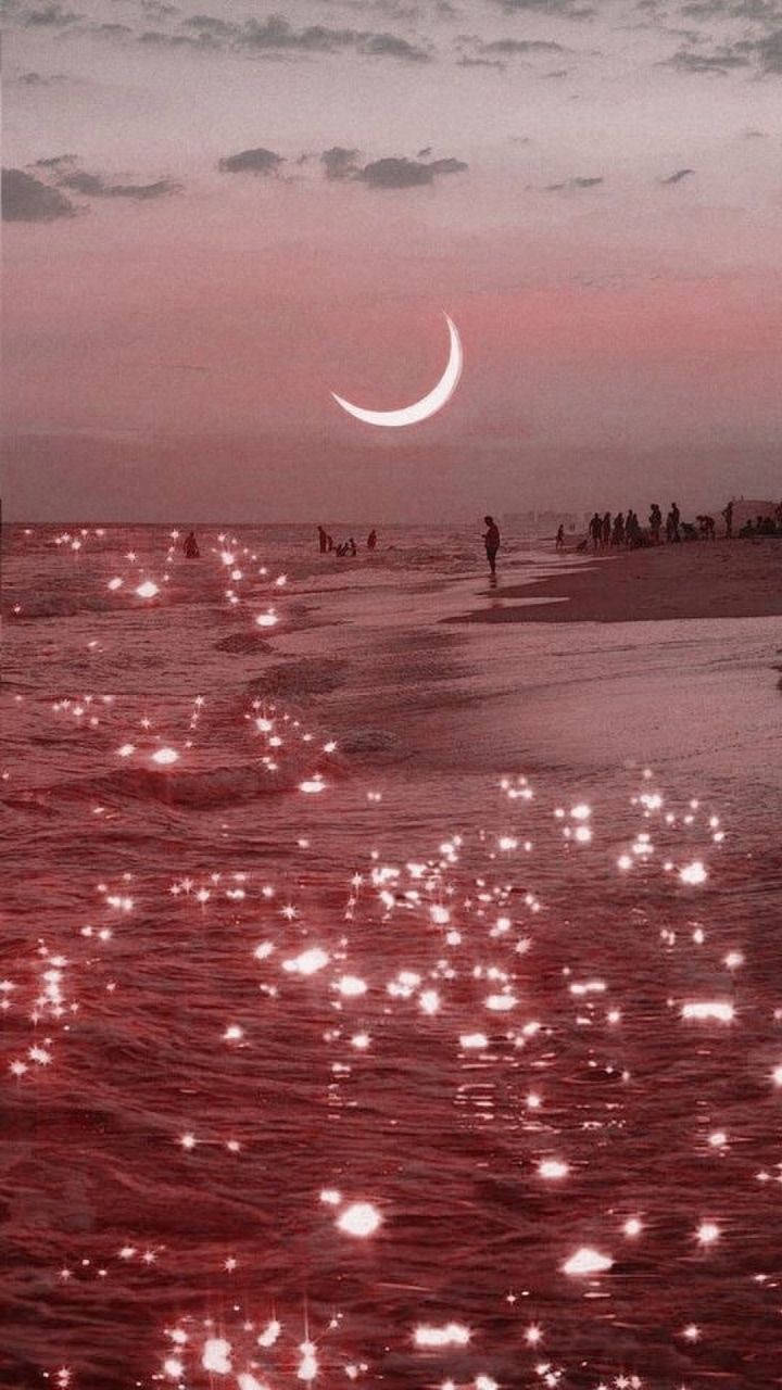 Calm Aesthetic Sparkling Water, dusk, glowing crescent moon, HD Phone Wallpaper