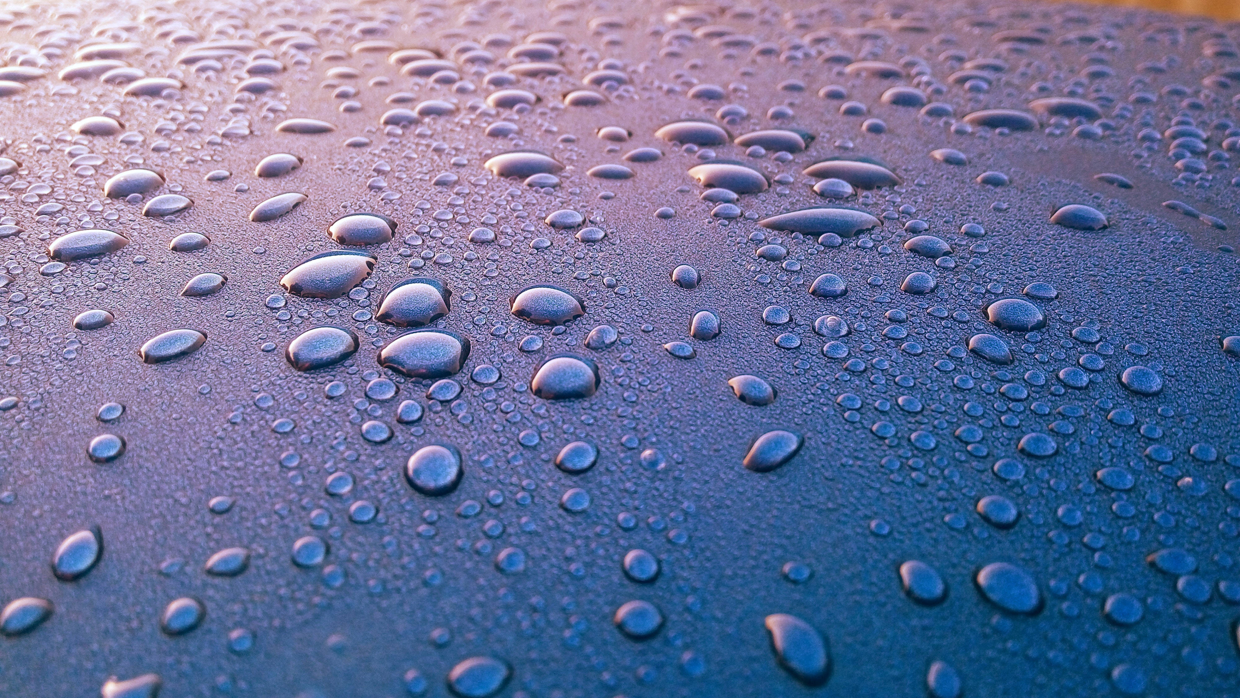 3D Water Drops, cool dark surface, soft purple, 4K Desktop Wallpaper