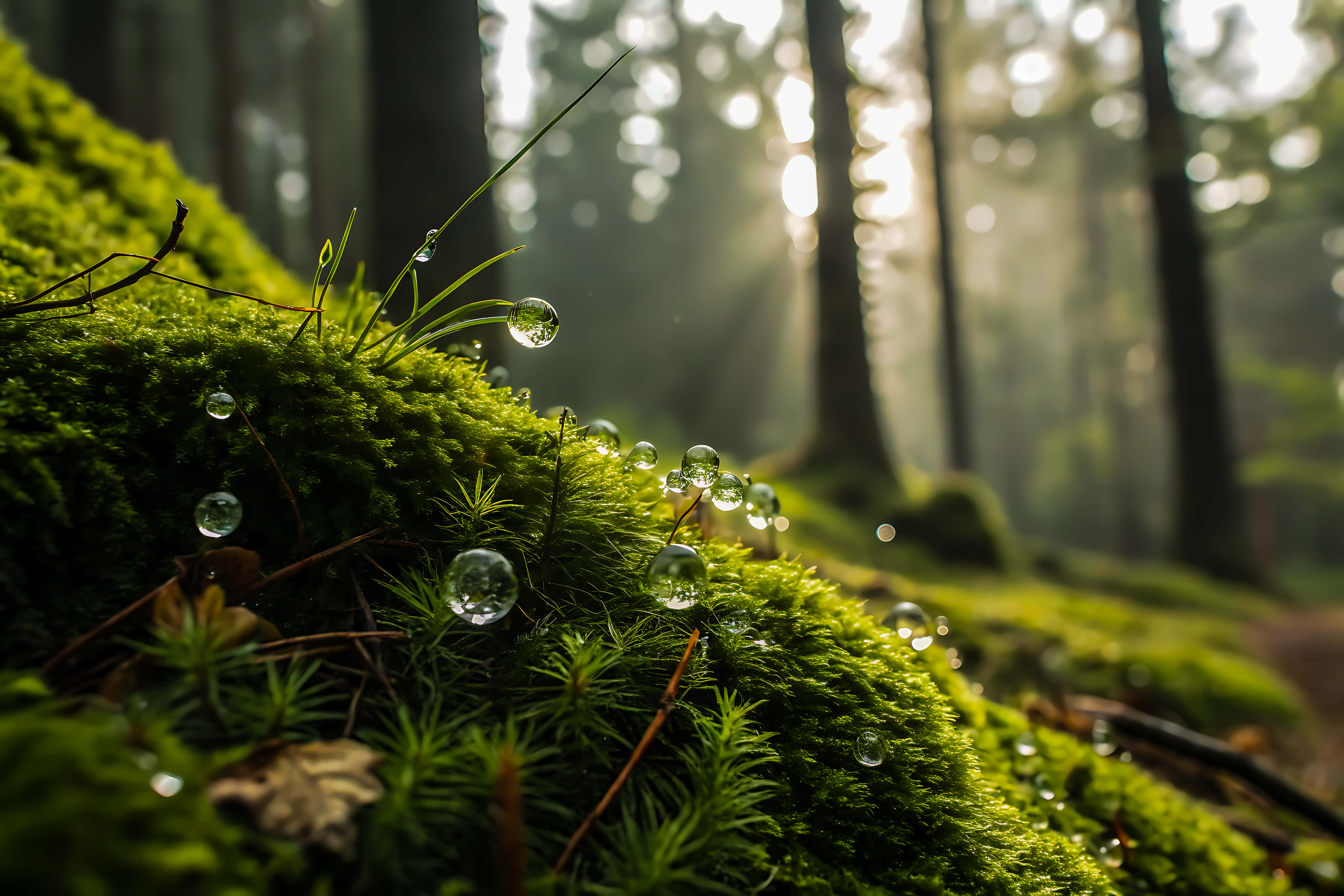 mossy forest floor, sunlight, dewy moss, 5K Desktop Wallpaper