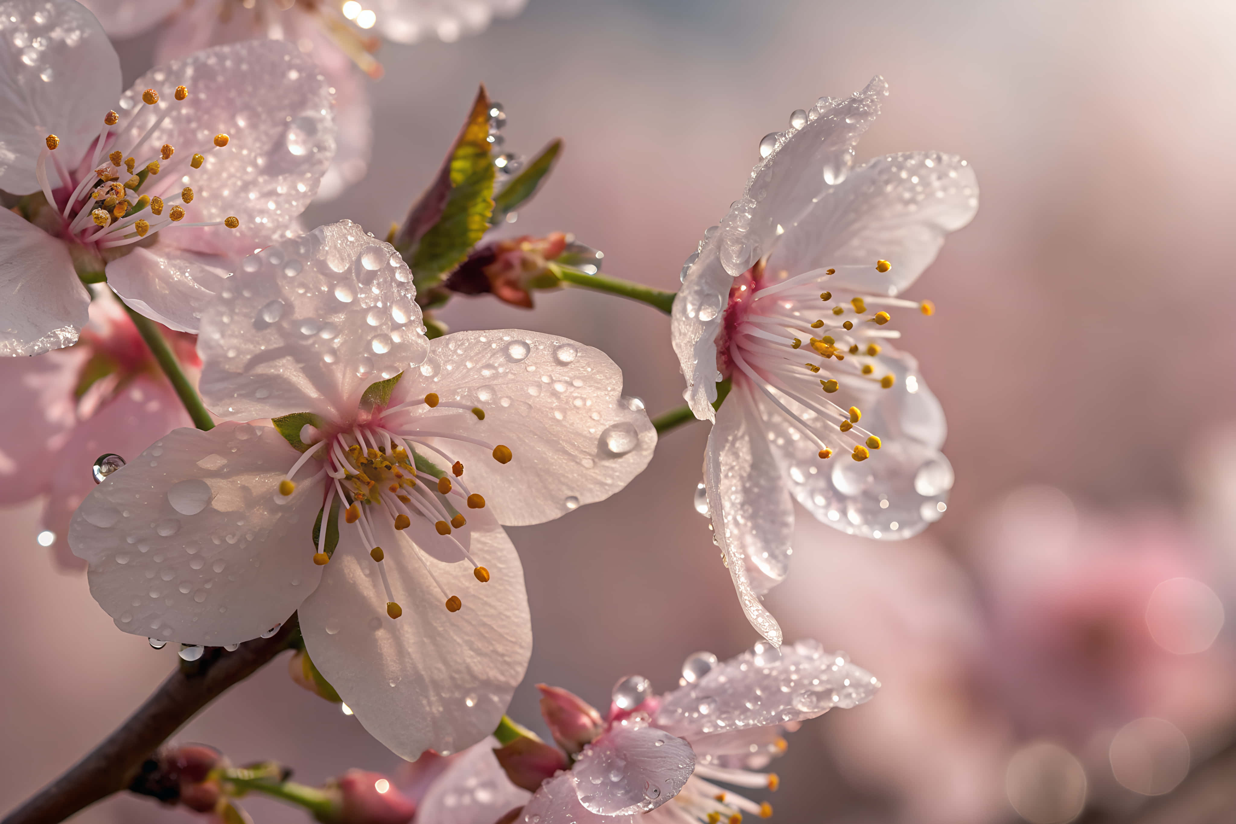 cherry blossoms, dewdrops, soft pink blurred background, 4K Desktop Wallpaper