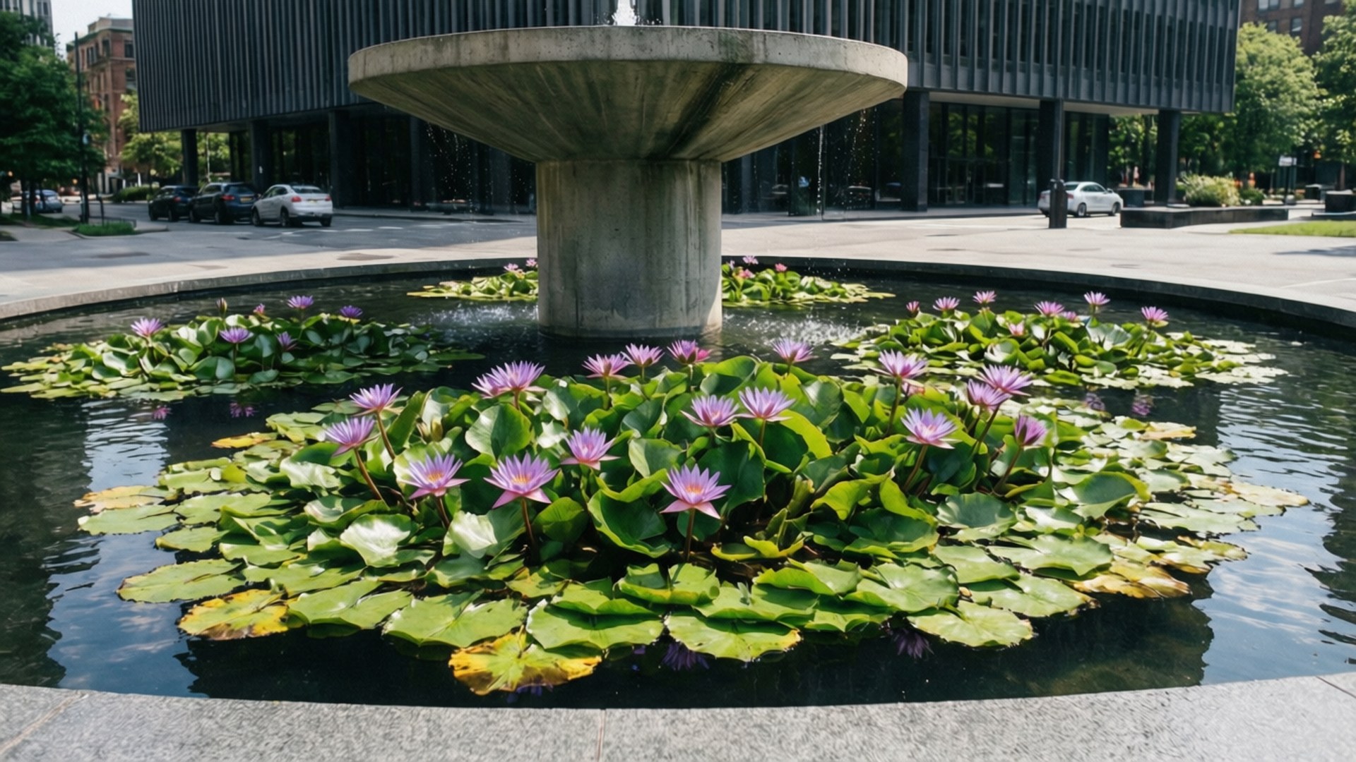Urban Oasis Lily, circular concrete fountain, urban plaza, Full HD Desktop Wallpaper