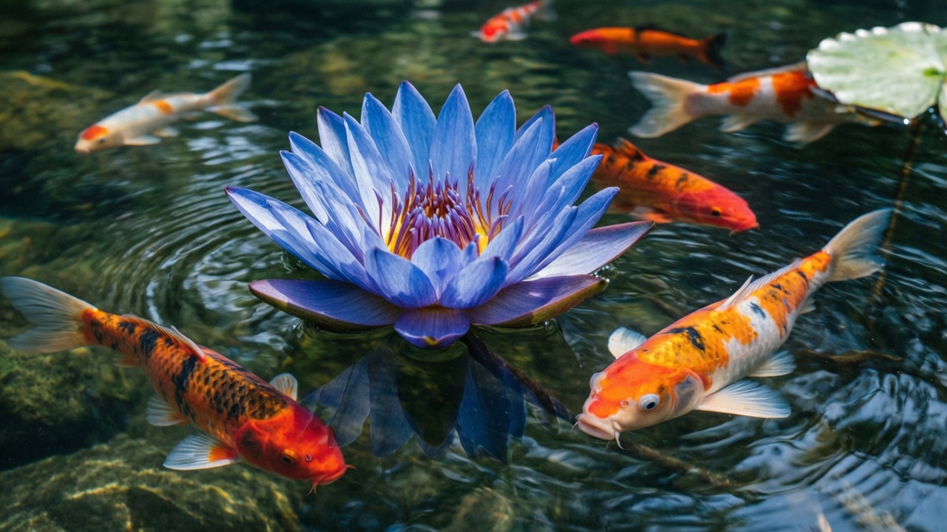water lily, koi fish, blue water lily, Full HD Desktop Wallpaper