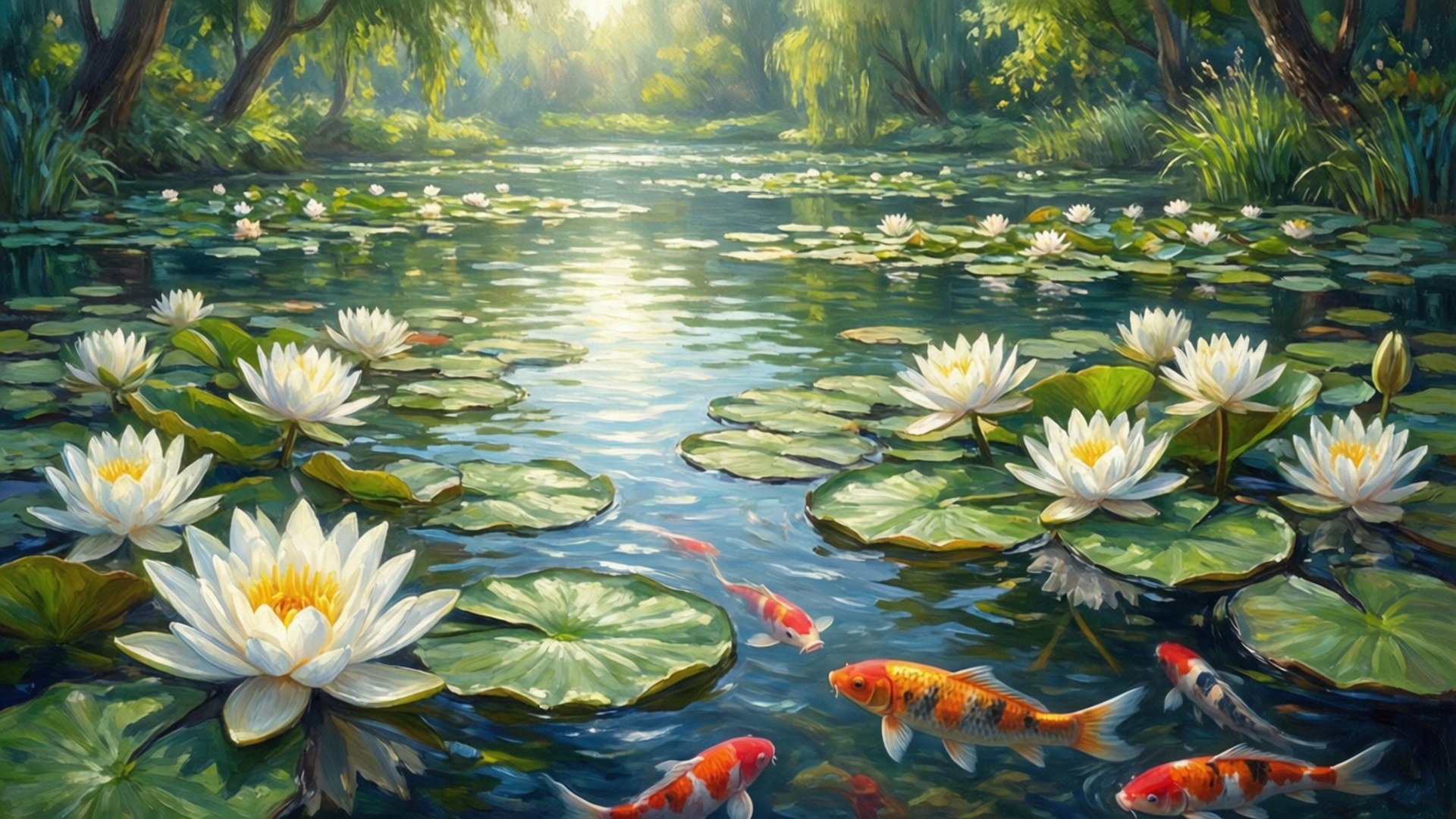 lily pond, koi fish, white water lilies, Full HD Desktop Wallpaper