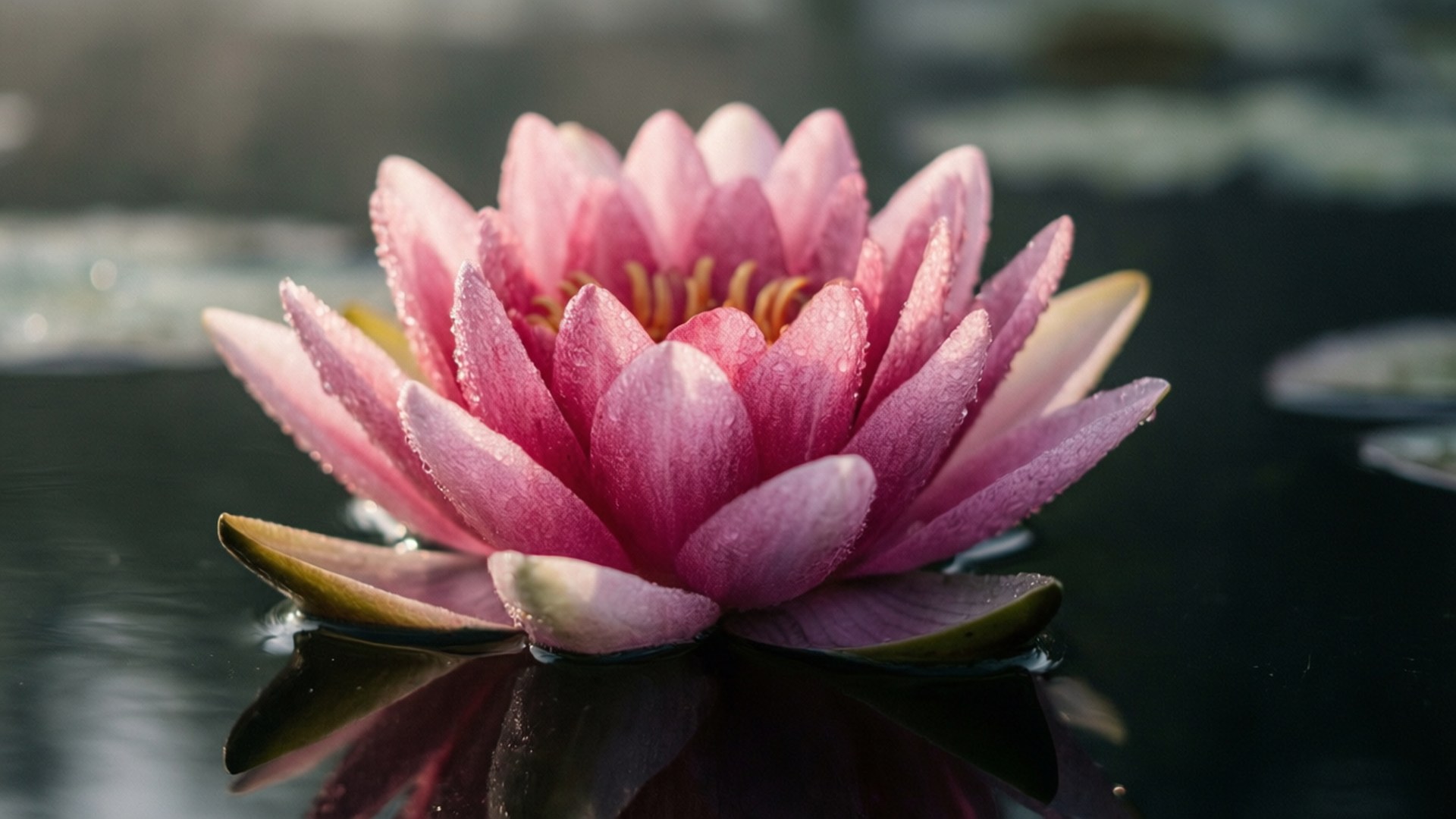 pink lily, dewdrops, dark water, Full HD Desktop Wallpaper