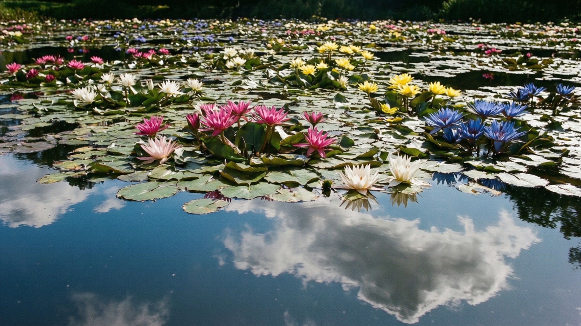 colorful lily pond, pink water lilies, yellow water lilies, Full HD Desktop Wallpaper