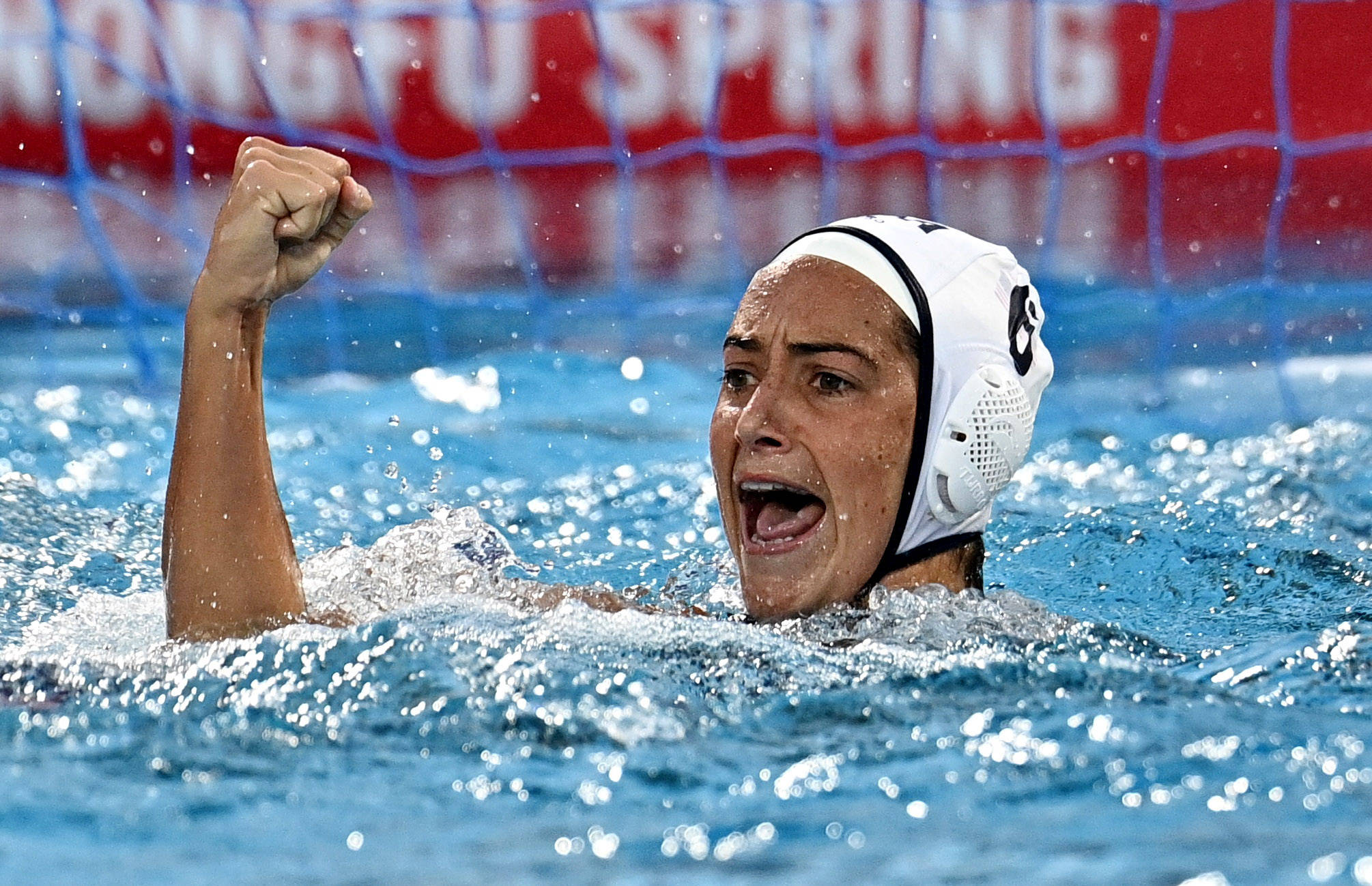 water polo player, white cap, blue pool water, Full HD Desktop Wallpaper
