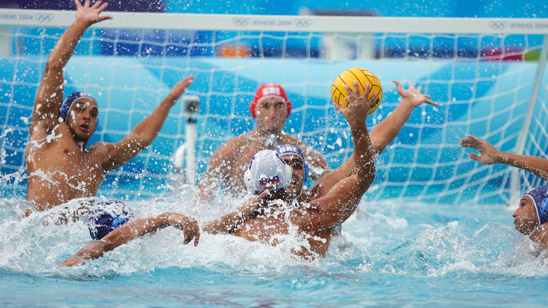 water polo, yellow ball, pool scene, Full HD Desktop Wallpaper