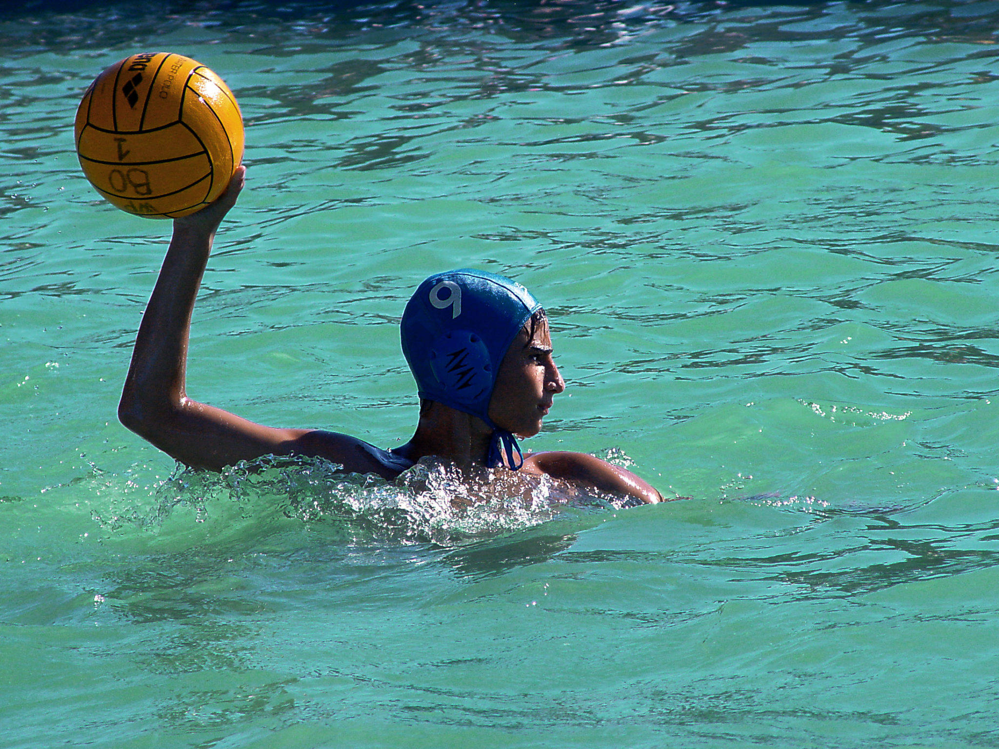 blue cap, yellow ball, rippling turquoise water, Full HD Desktop Wallpaper