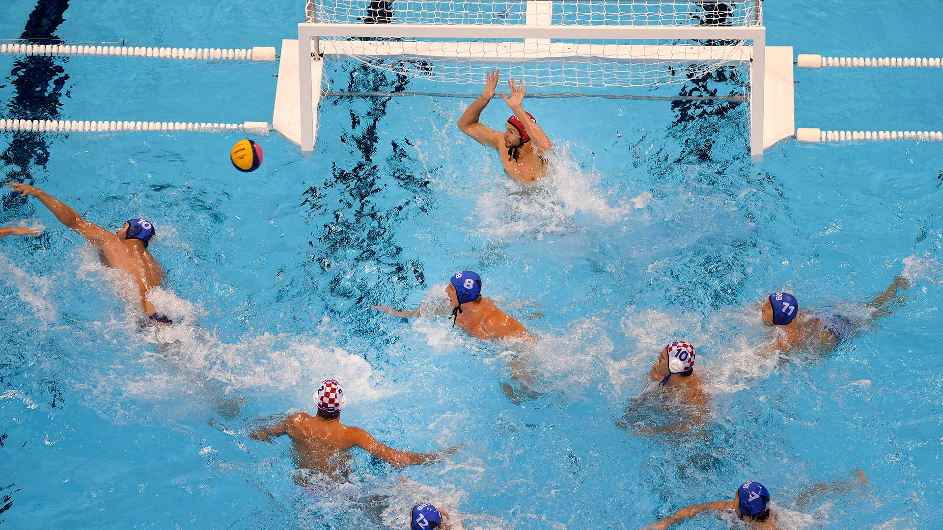 Water Polo, defensive formation, bright blue pool, Full HD Desktop Wallpaper