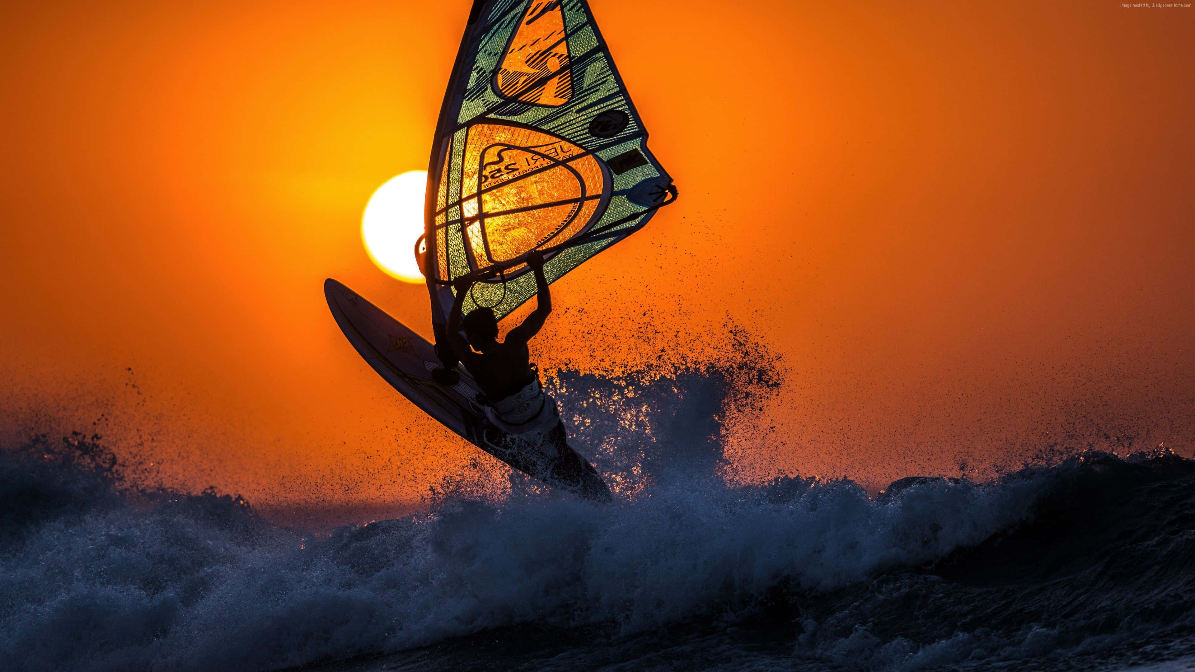 windsurfer, fiery orange sunset, wave, 4K Desktop Wallpaper