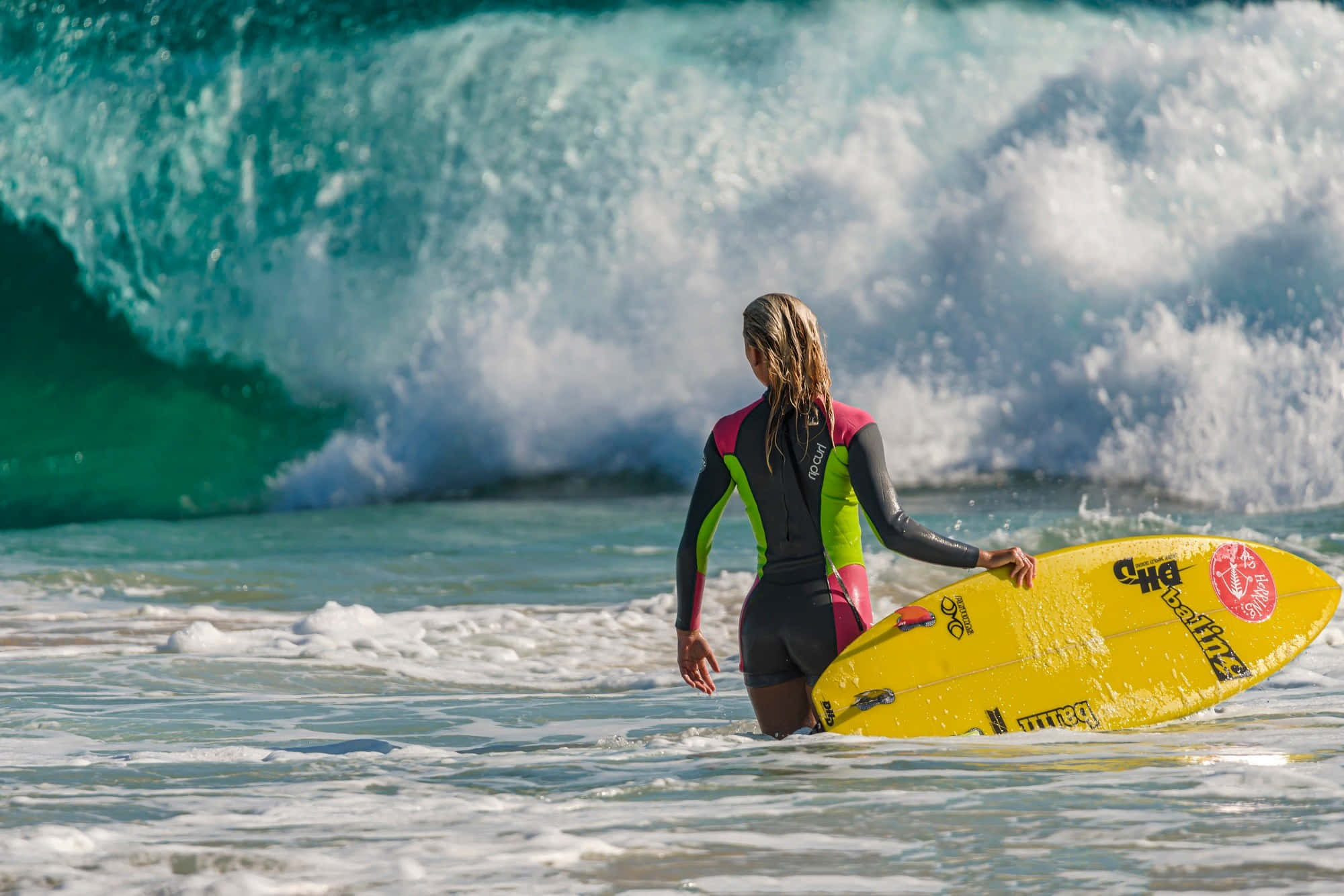 surfer, colorful wetsuit, bright yellow surfboard, Full HD Desktop Wallpaper