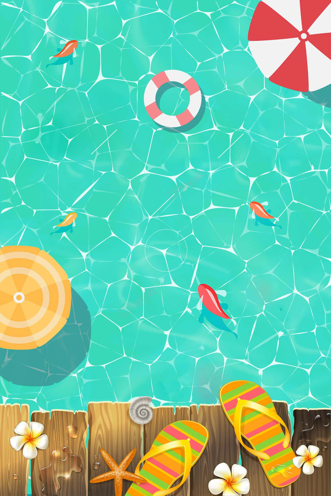 turquoise pool, red and white lifebuoy, wooden deck, Full HD Phone Wallpaper