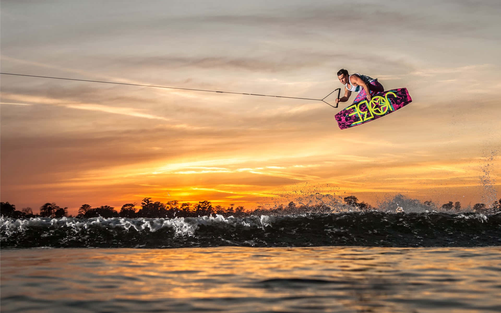 wakeboarder, water, sunset, Full HD Desktop Wallpaper