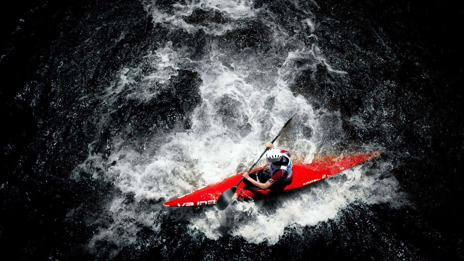 red kayak, whitewater rapids, overhead view, Full HD Desktop Wallpaper