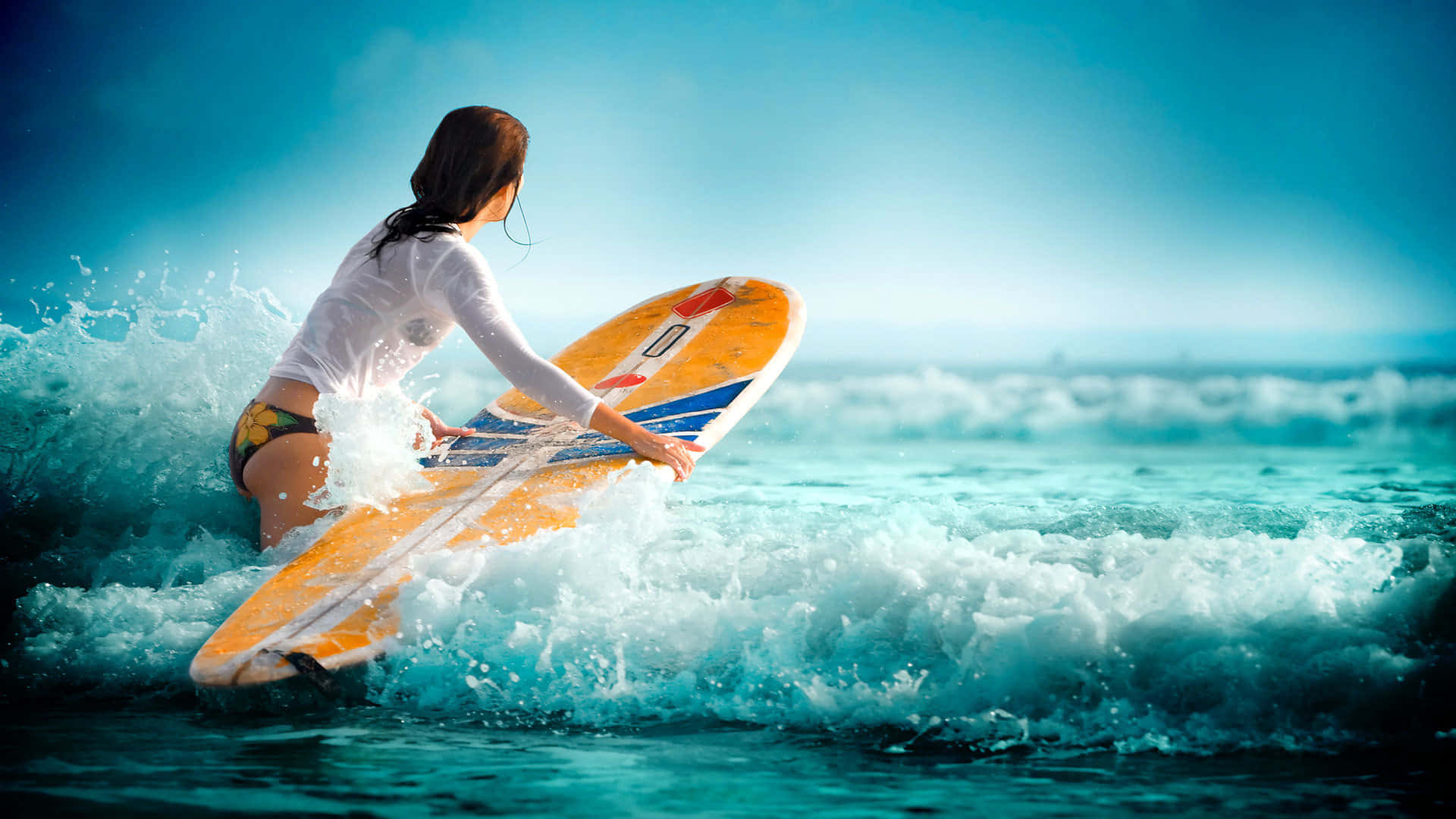 surfer girl, turquoise wave, orange surfboard, Full HD Desktop Wallpaper