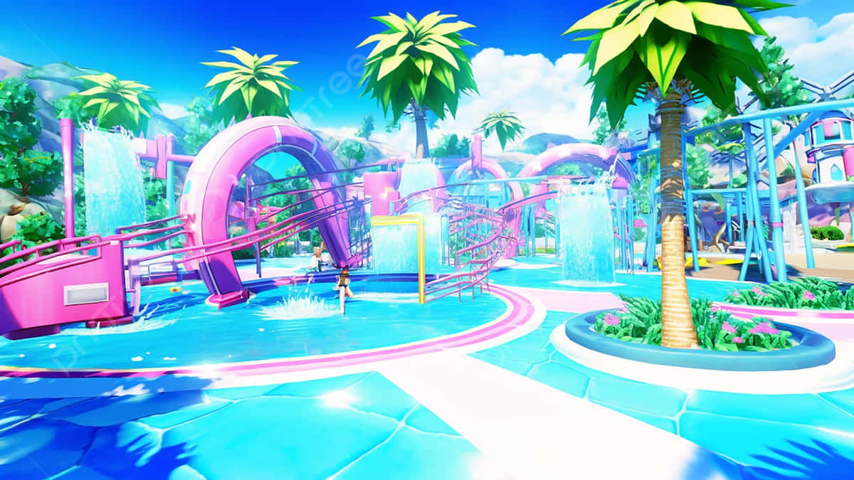 vibrant waterpark fun, pink slides, turquoise pools, SD Desktop Wallpaper