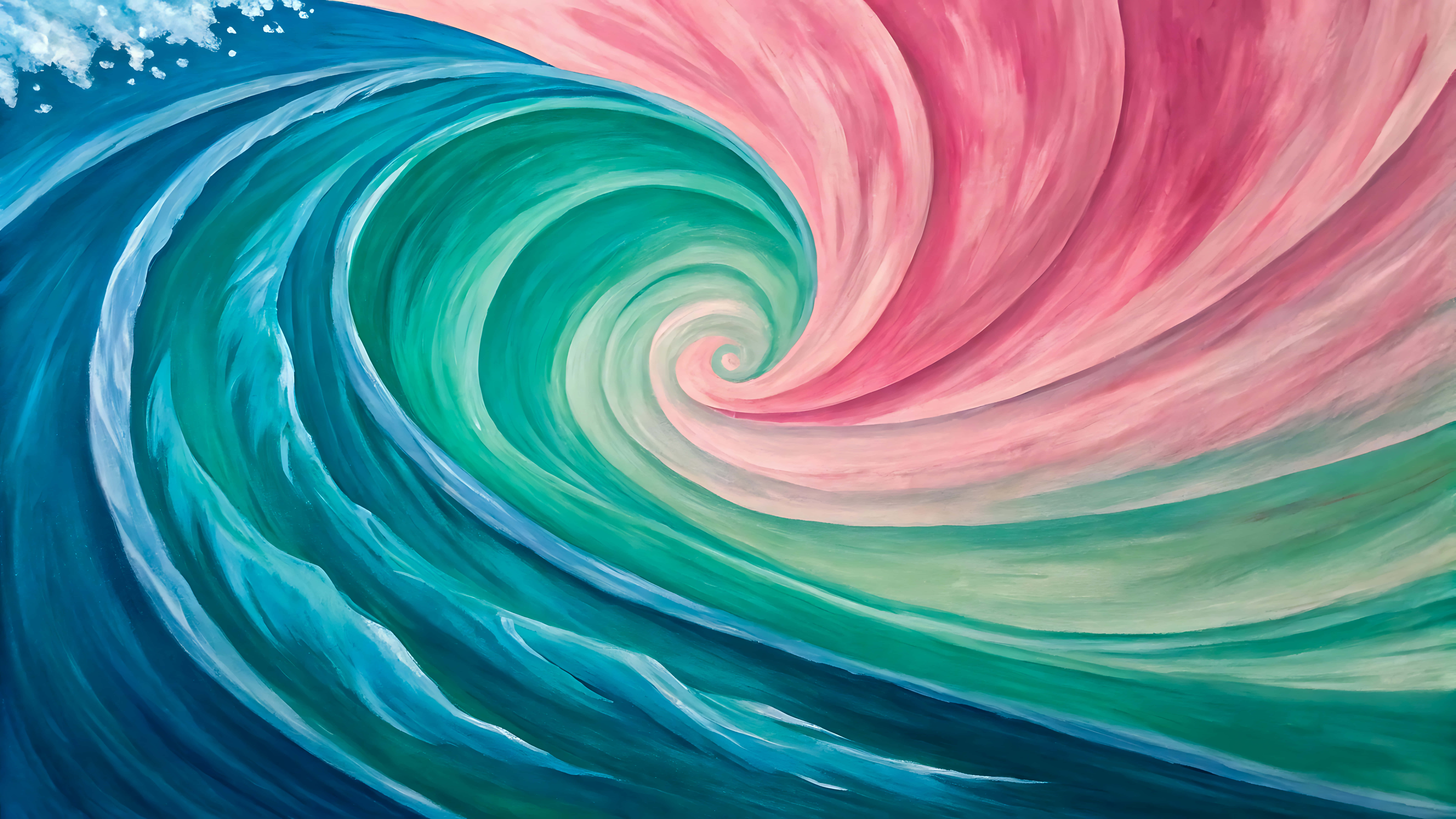 abstract swirling wave painting, shades of pink green and blue, deep blue, 8K Desktop Wallpaper