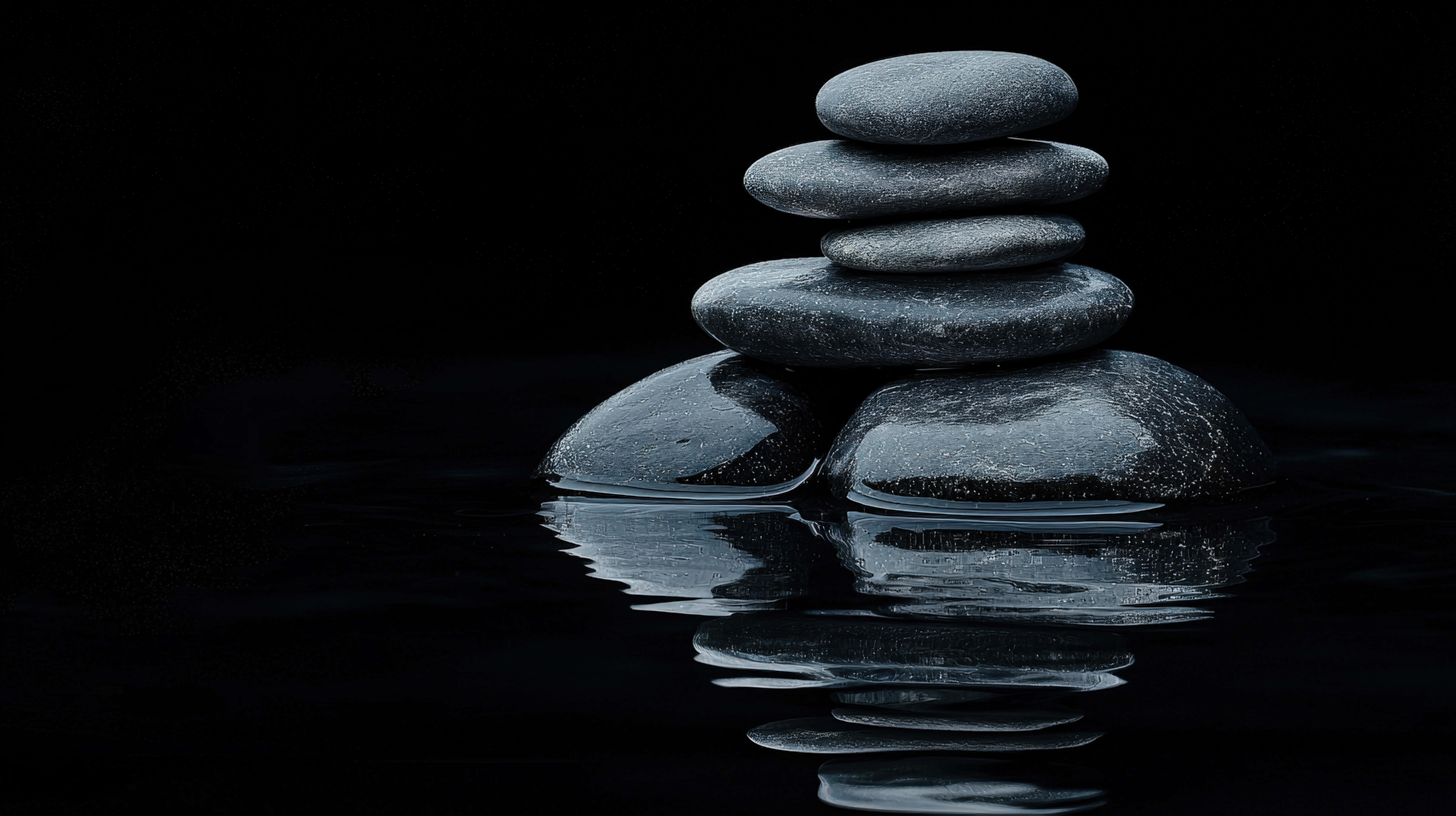 zen stones, smooth gray stones, reflection, 8K Desktop Wallpaper