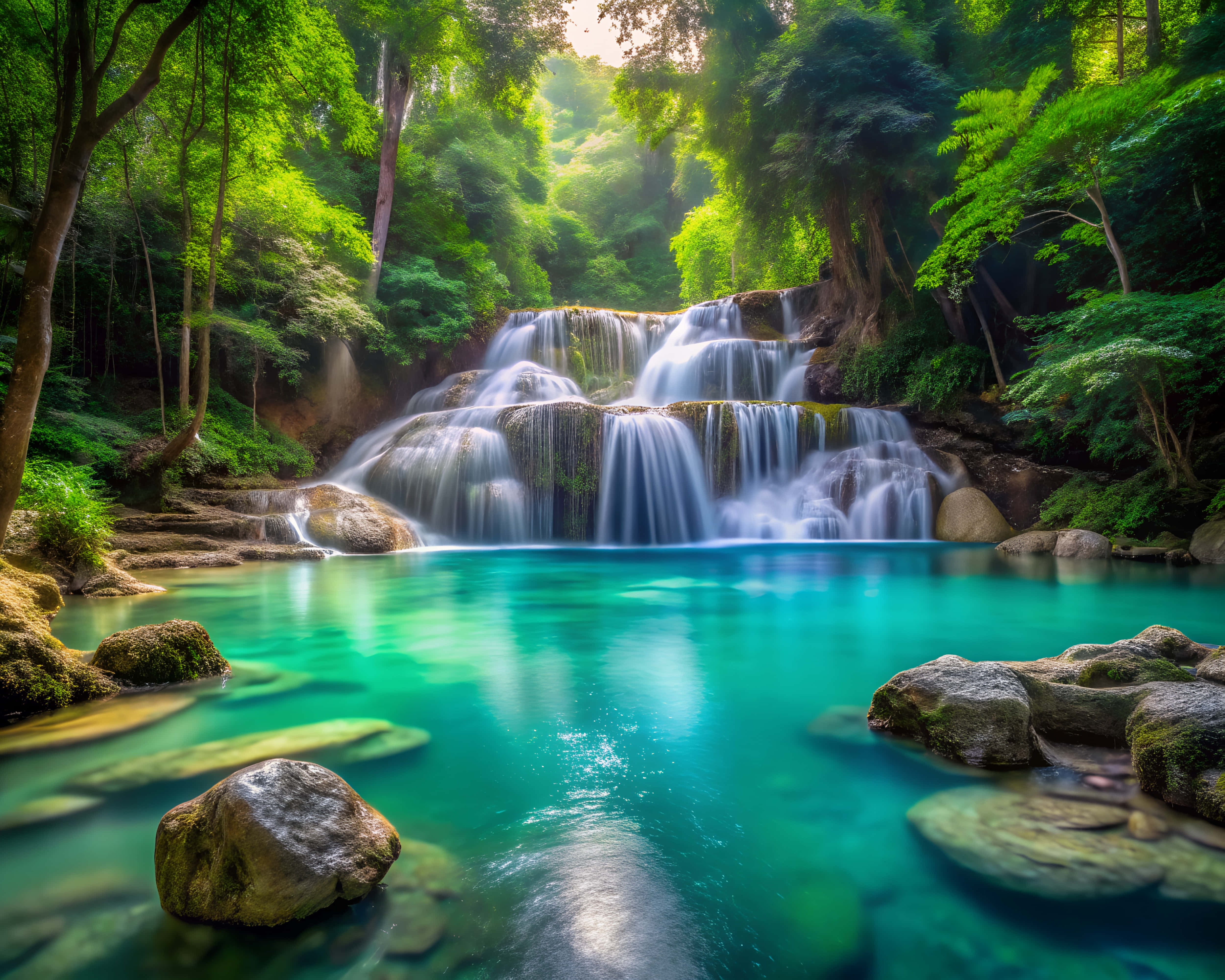 waterfall, turquoise pool, lush green jungle foliage, 4K Desktop Wallpaper