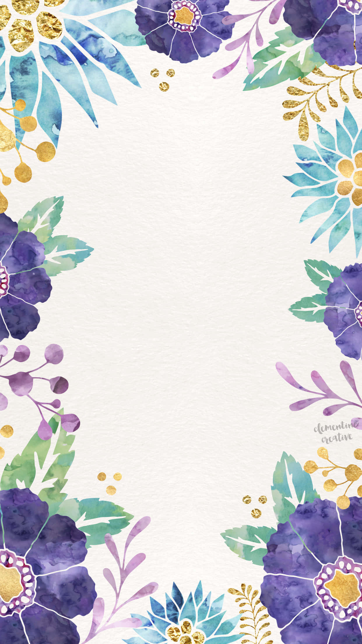 watercolor floral border, purple blue, gold flowers, Full HD Phone Wallpaper