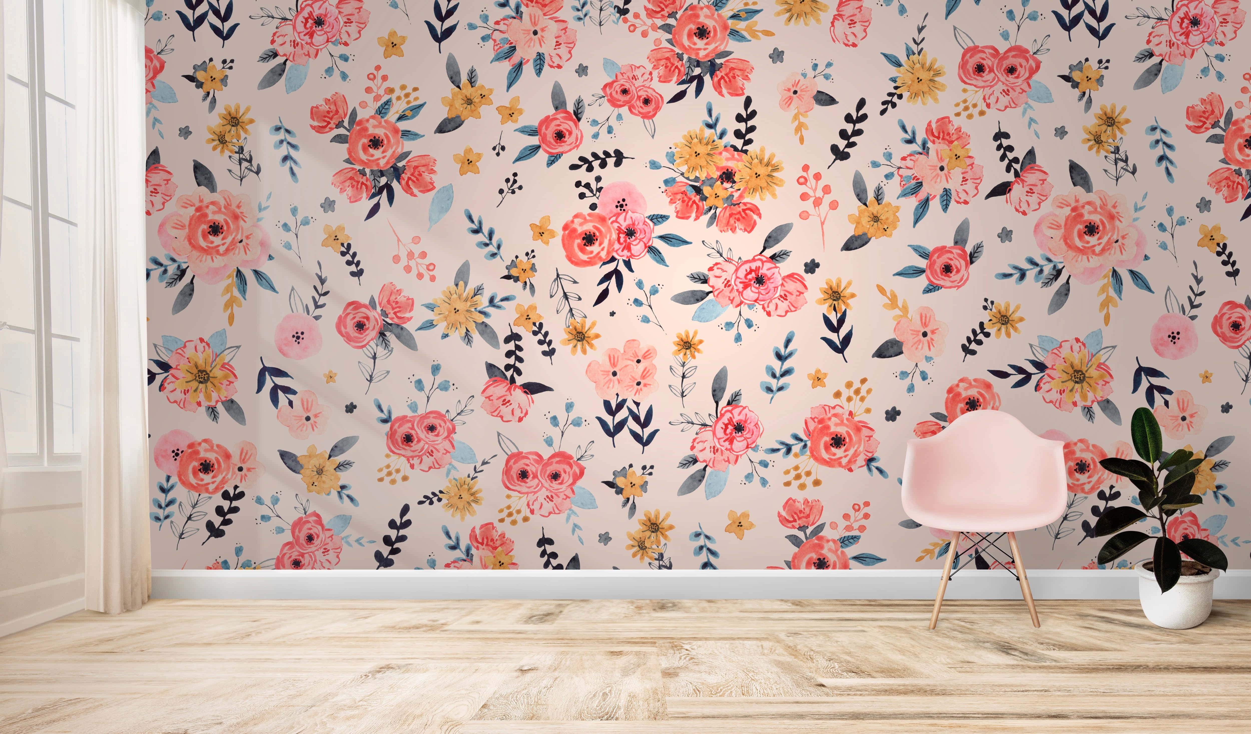 watercolor floral, living room, pink peach, 4K Desktop Wallpaper