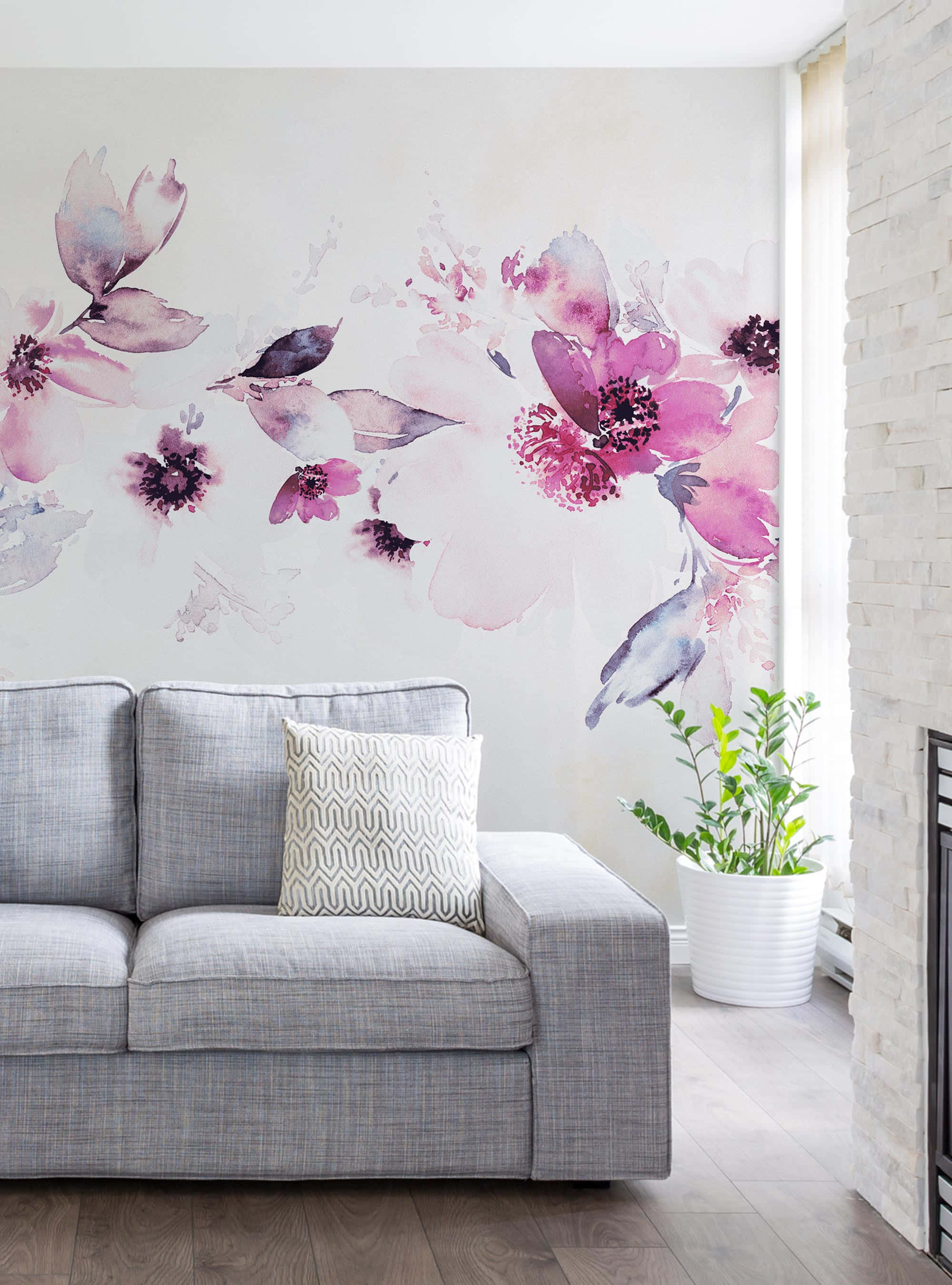 watercolor floral mural, pink and purple hues, white brick fireplace, 2K Phone Wallpaper