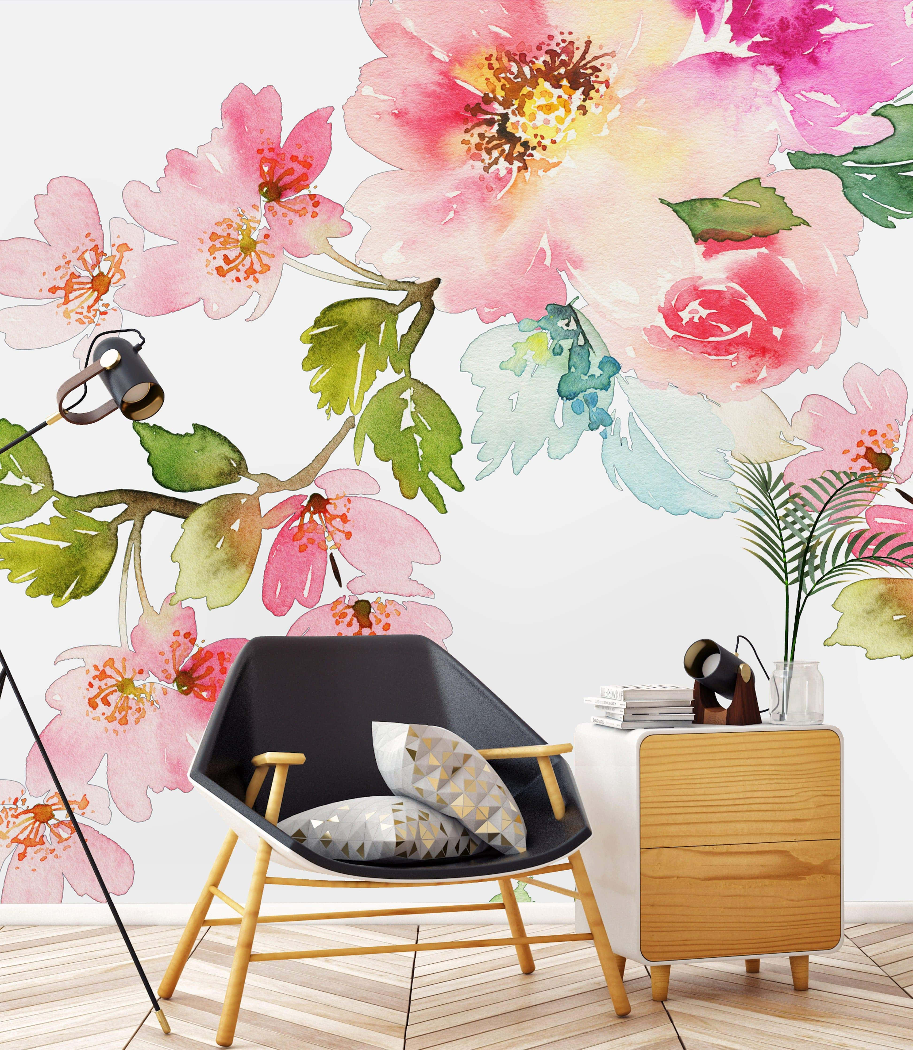 watercolor floral, black chair, pink blossoms, 4K Phone Wallpaper