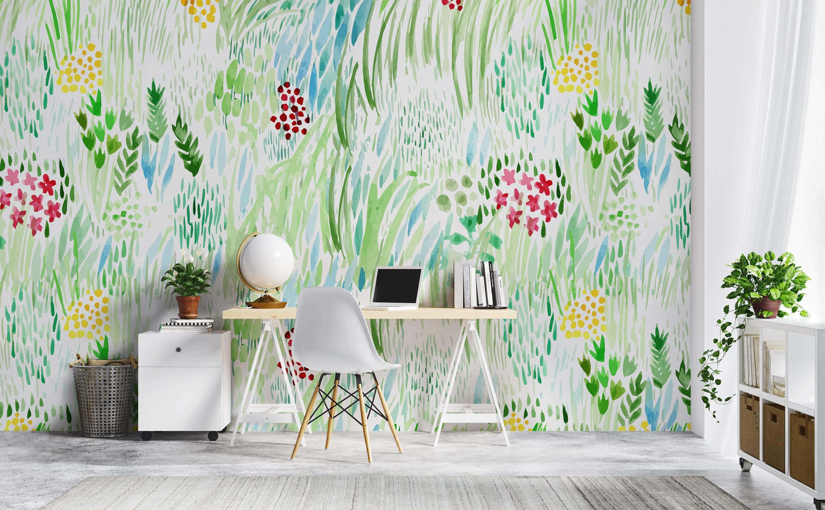 watercolor floral, green leaves, pink and yellow flowers, 2K Desktop Wallpaper